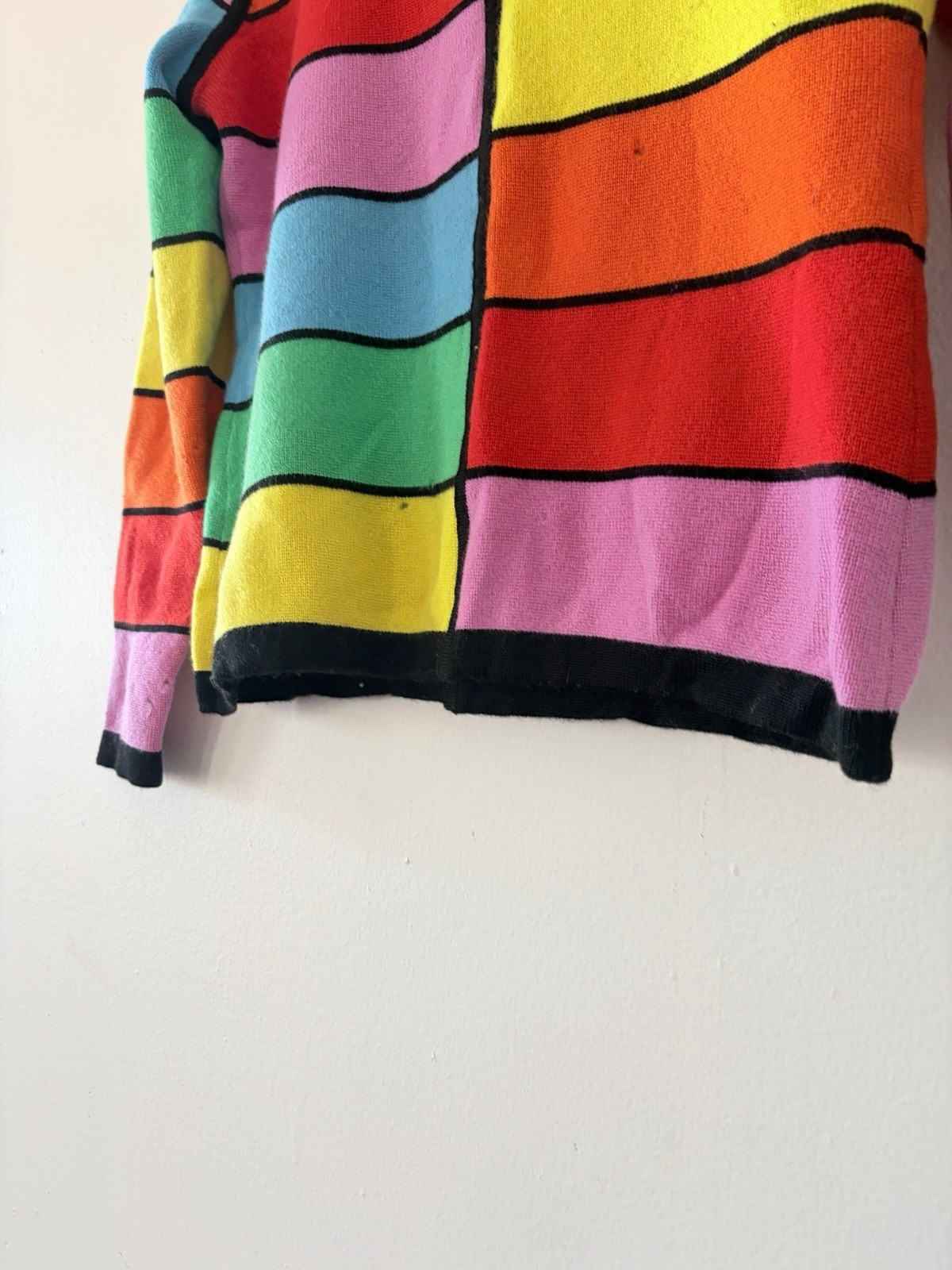 1960s Mod Geometric Color-Block Day Glo/Rainbow Wool Crewneck Sweater AS IS