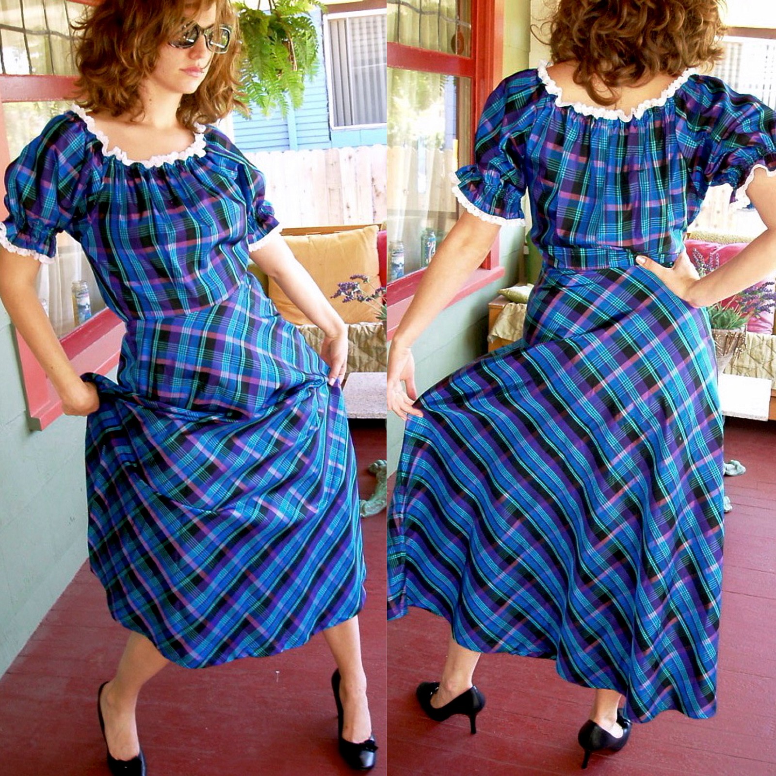 VTG 80s Steam Punk Victorian Crisp Satin Taffeta Plaid Puff SLV Swing Dress M/8