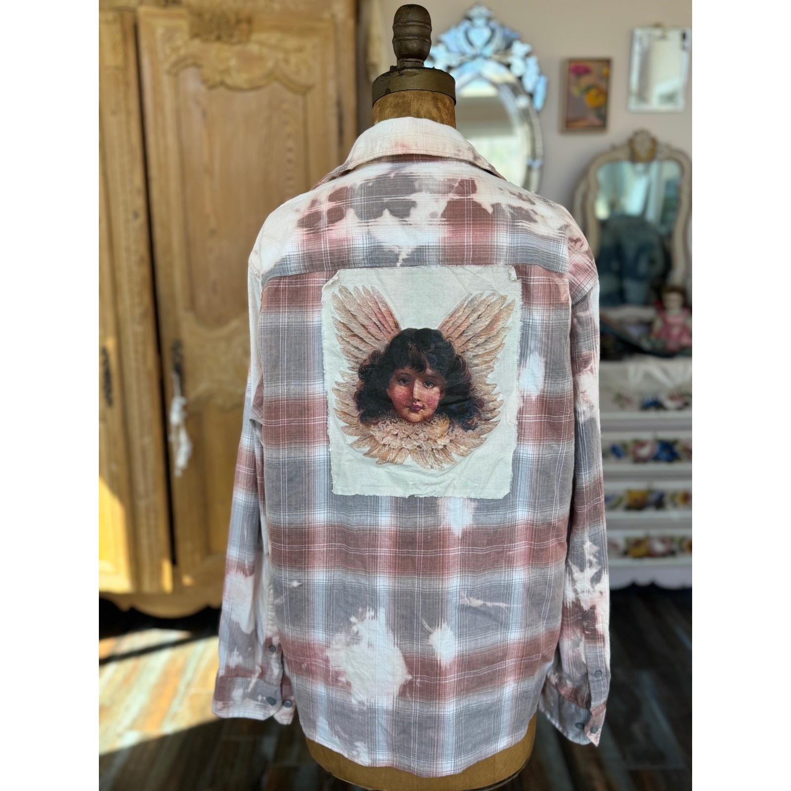 Upcycled Angel Patch Flannel Shirt Boho Folk Art Bleached Large