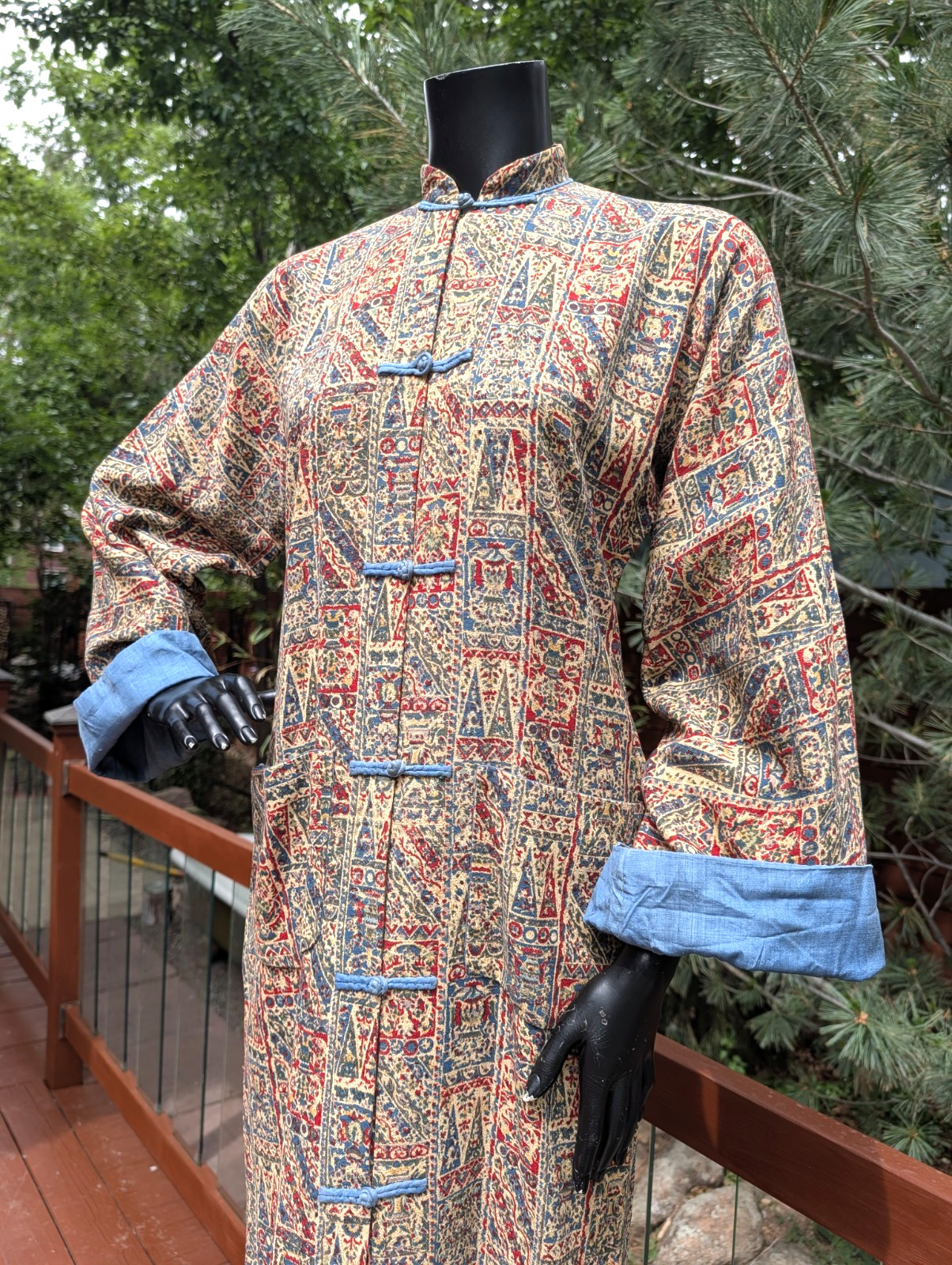 vtg 40&rsquo;s Hana Maui Hawaiian pake muu Bark Cloth Asian long Dress 36/38 bust