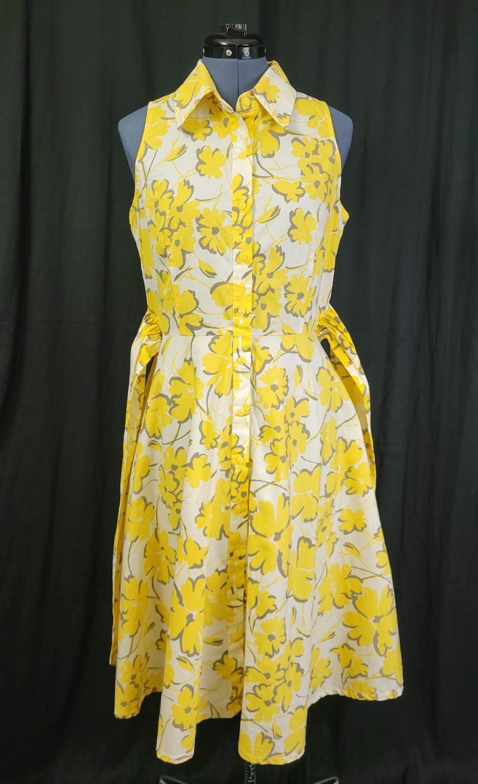 Vintage Karin Stevens White/Yellow/Grey Floral S/L Shirt Dress w Tie Size 10P