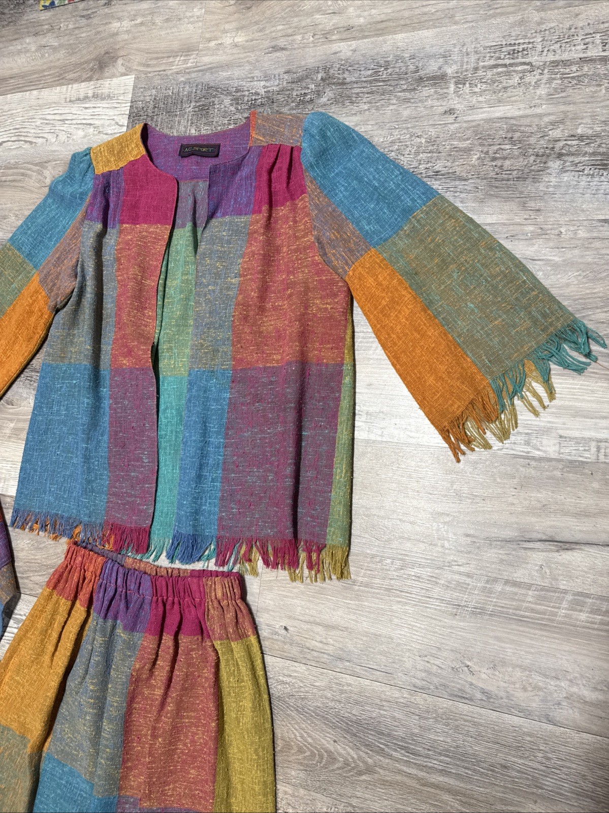 Vtg AC Sport 3 Pc Patchwork Skirt and Jacket Blazer Belt Suit Multi Color Boho S