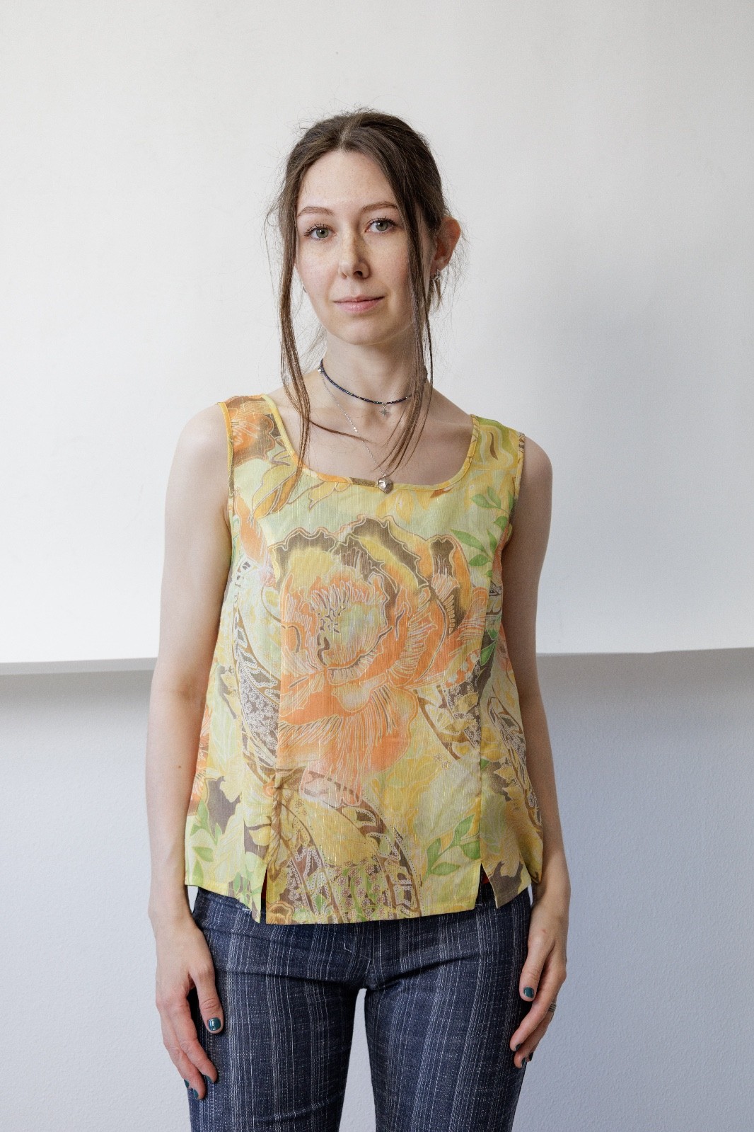 Vintage 90s Yellow Orange Floral Sleeveless Shell Top Women&rsquo;s M Square Neck
