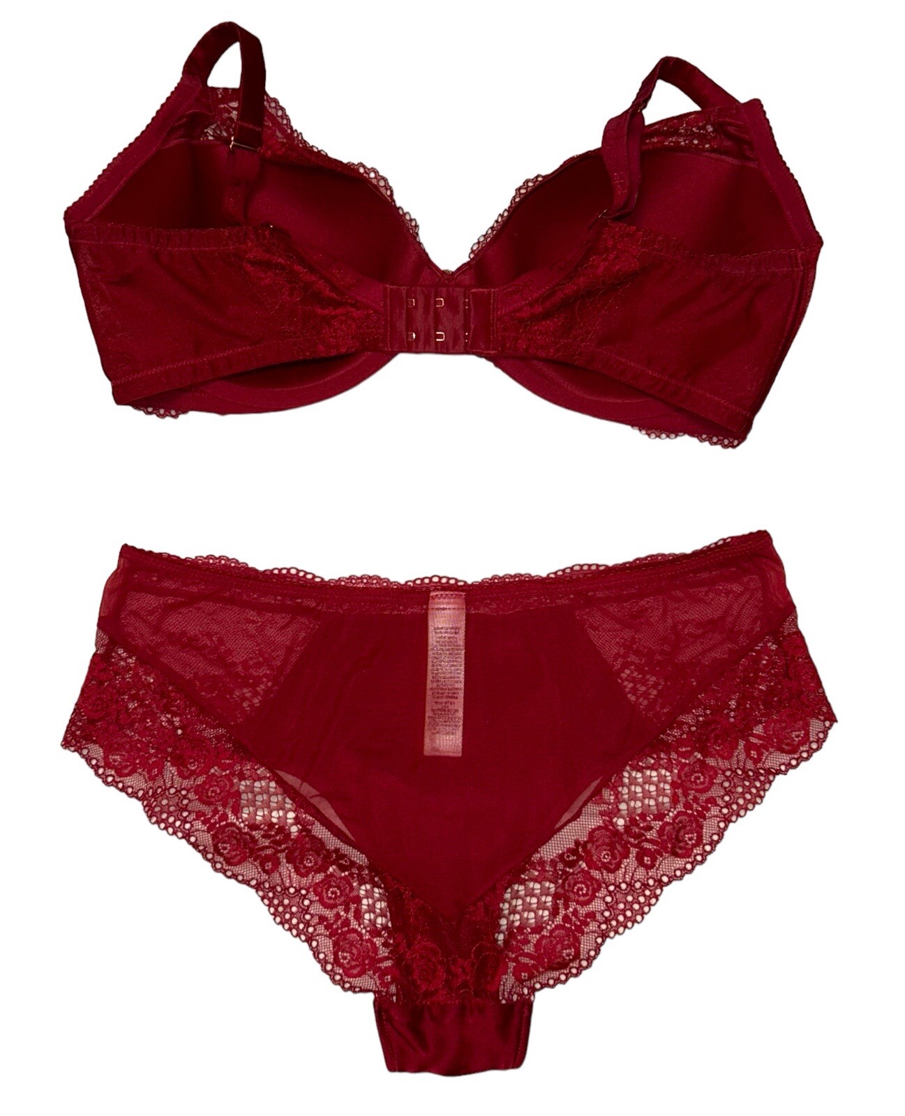 2PC AUTOGRAPH Deep Red Shiny Silky Sheer Satin Lace Panties & Bra 38DD NWOT