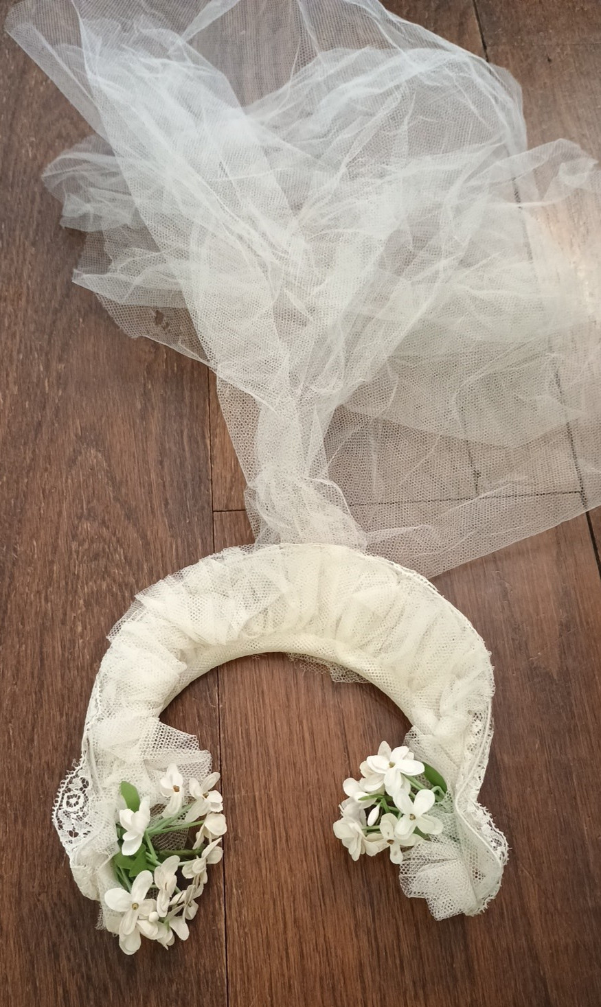 Antique French Net Lace Bridal Headpiece White Flowers Leaves Snood Headband