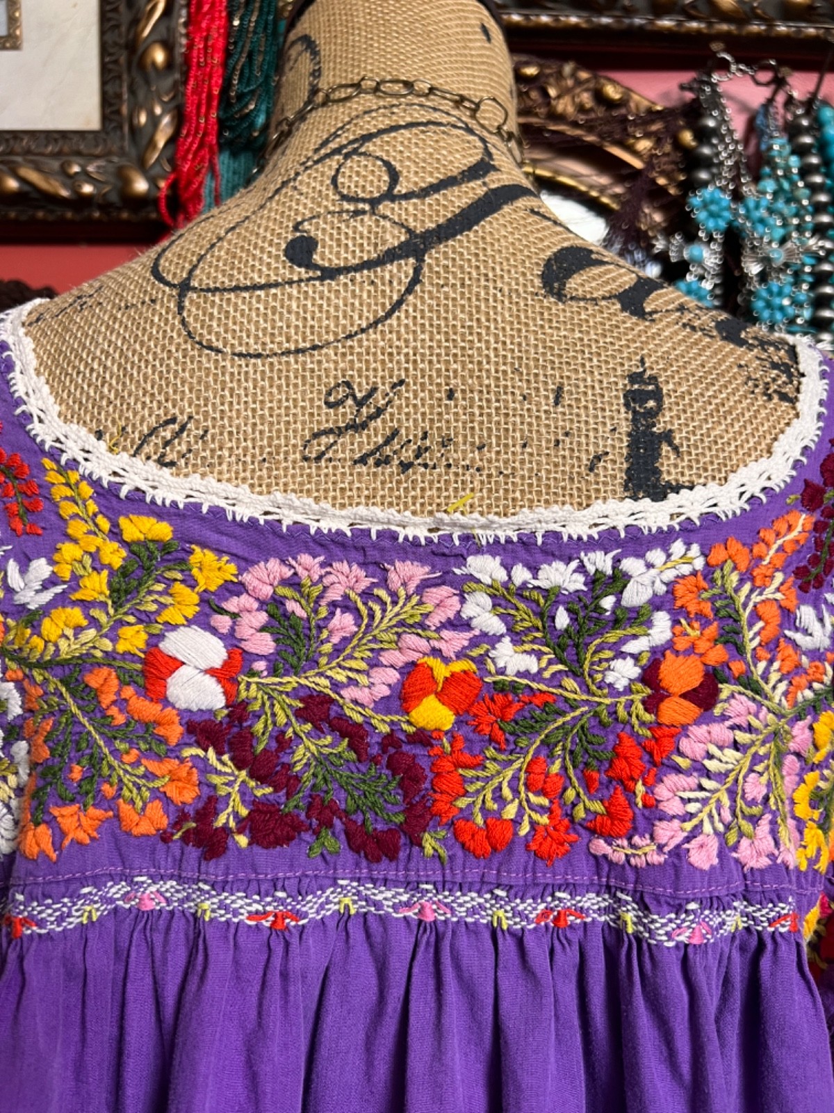 Beautiful Purple Mexico Oaxaca Multi Color Cotton Embroidery White Crochet L/XL