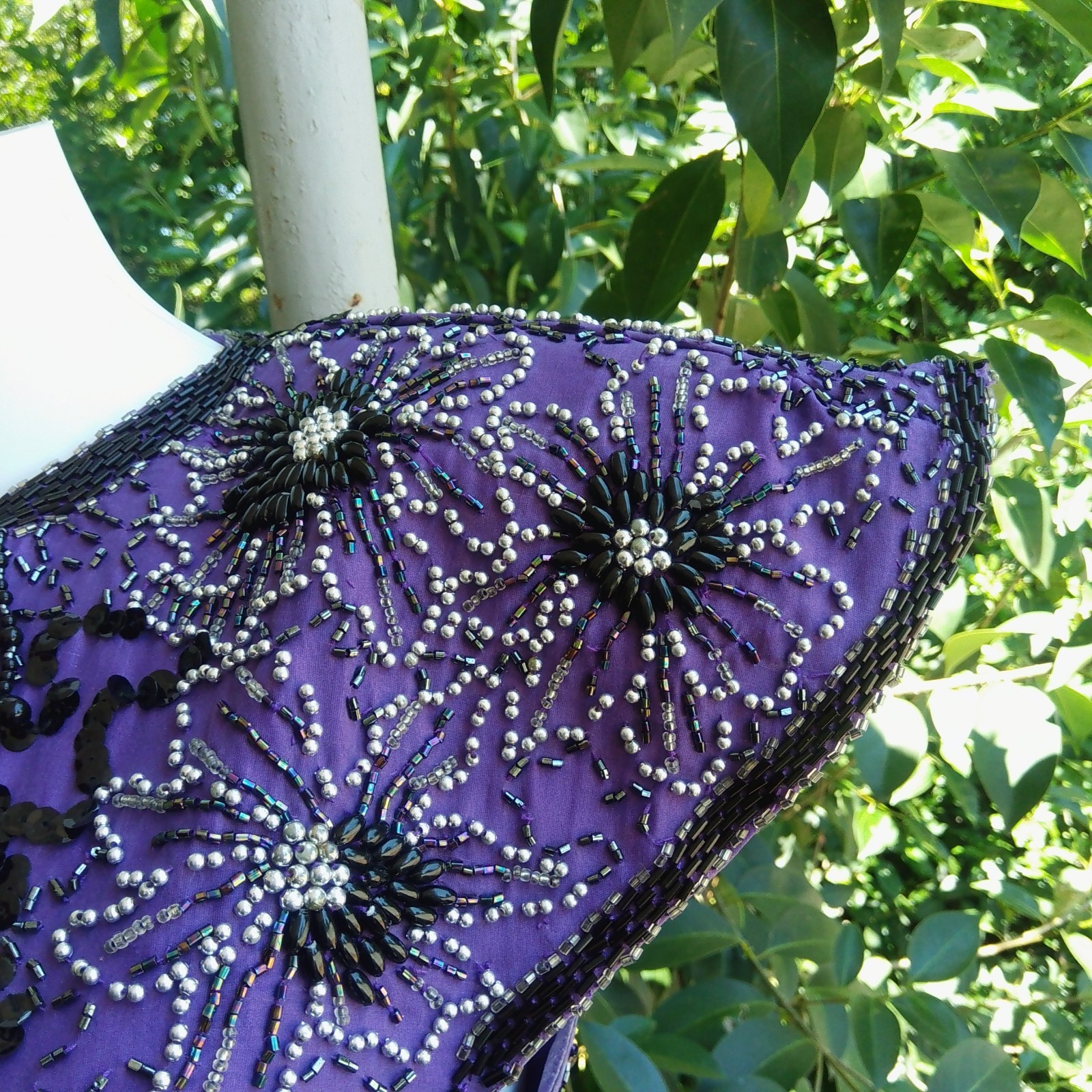 Vintage 80s Sequin Beaded Silk Purple Evening Dress Gown