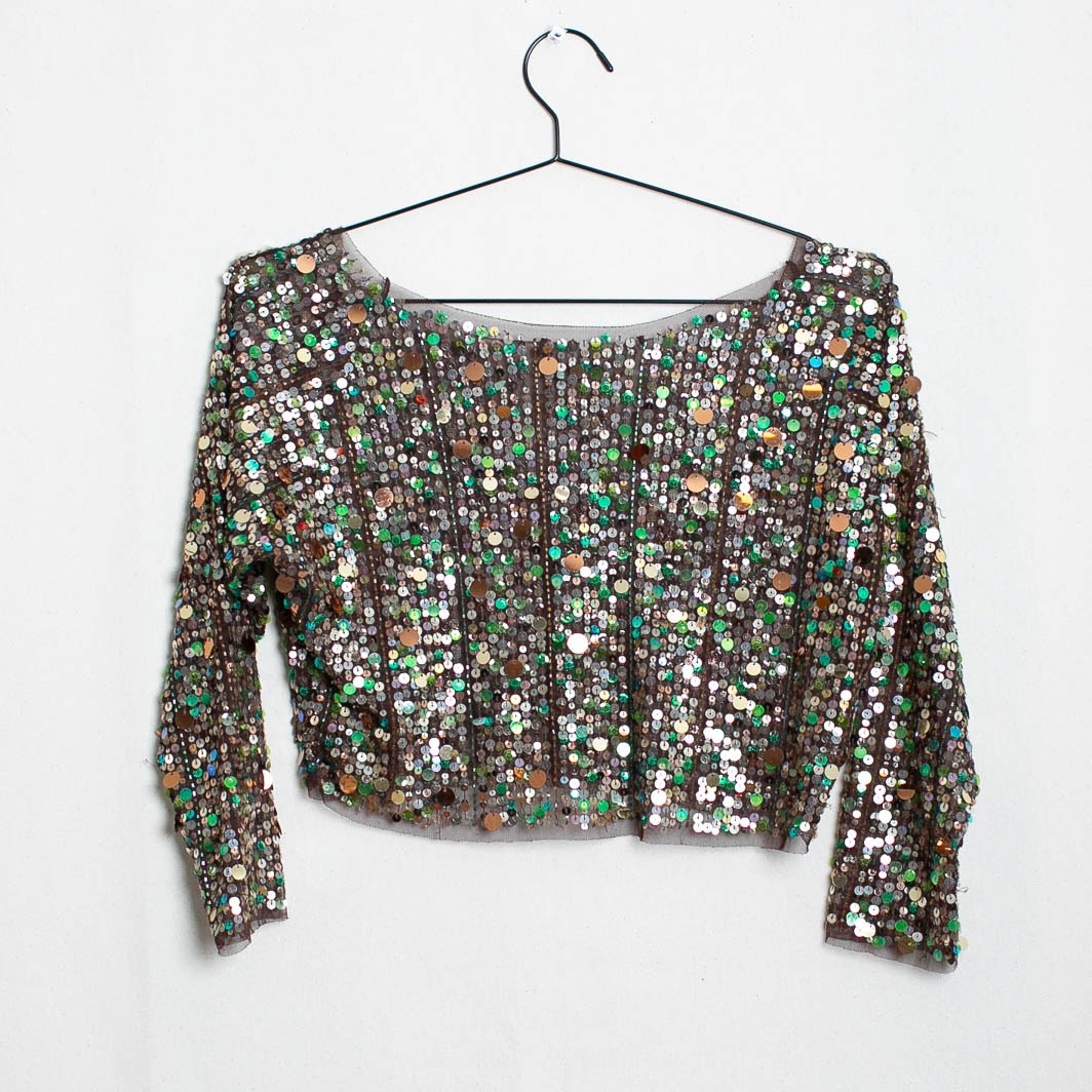Vintage Sequin Crop Top Brown Mesh Green Silver Gold Scoop Neck Long Sleeve S/M