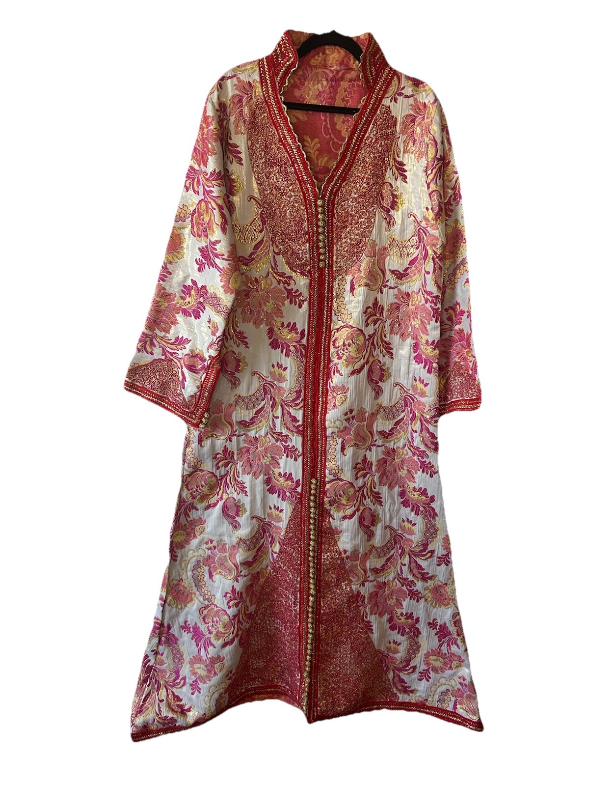 Vintage 1970’s Moroccan Brocade Kaftan Maxi Dress Pink Gold Embroidered L/XL