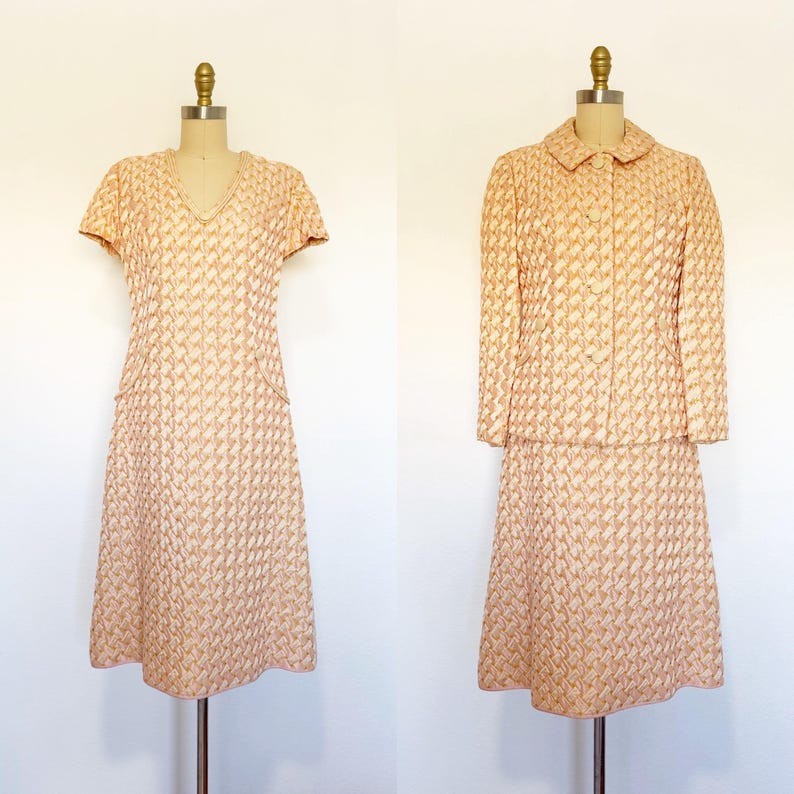 1960s Dress Set / Jacquard Dress / 1960s Party Dress / Size Large