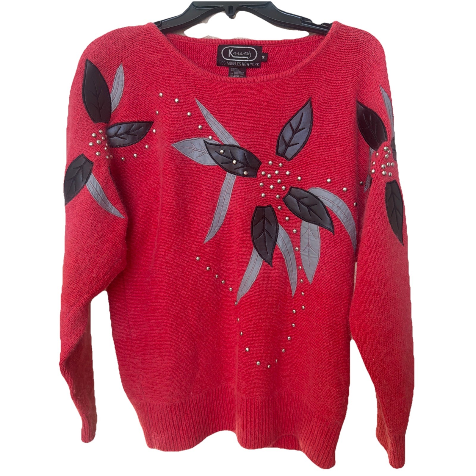 Vintage 80&rsquo;s Karamiz Red Silk Angora Wool Knit Studded Appliqué Holiday Sweater