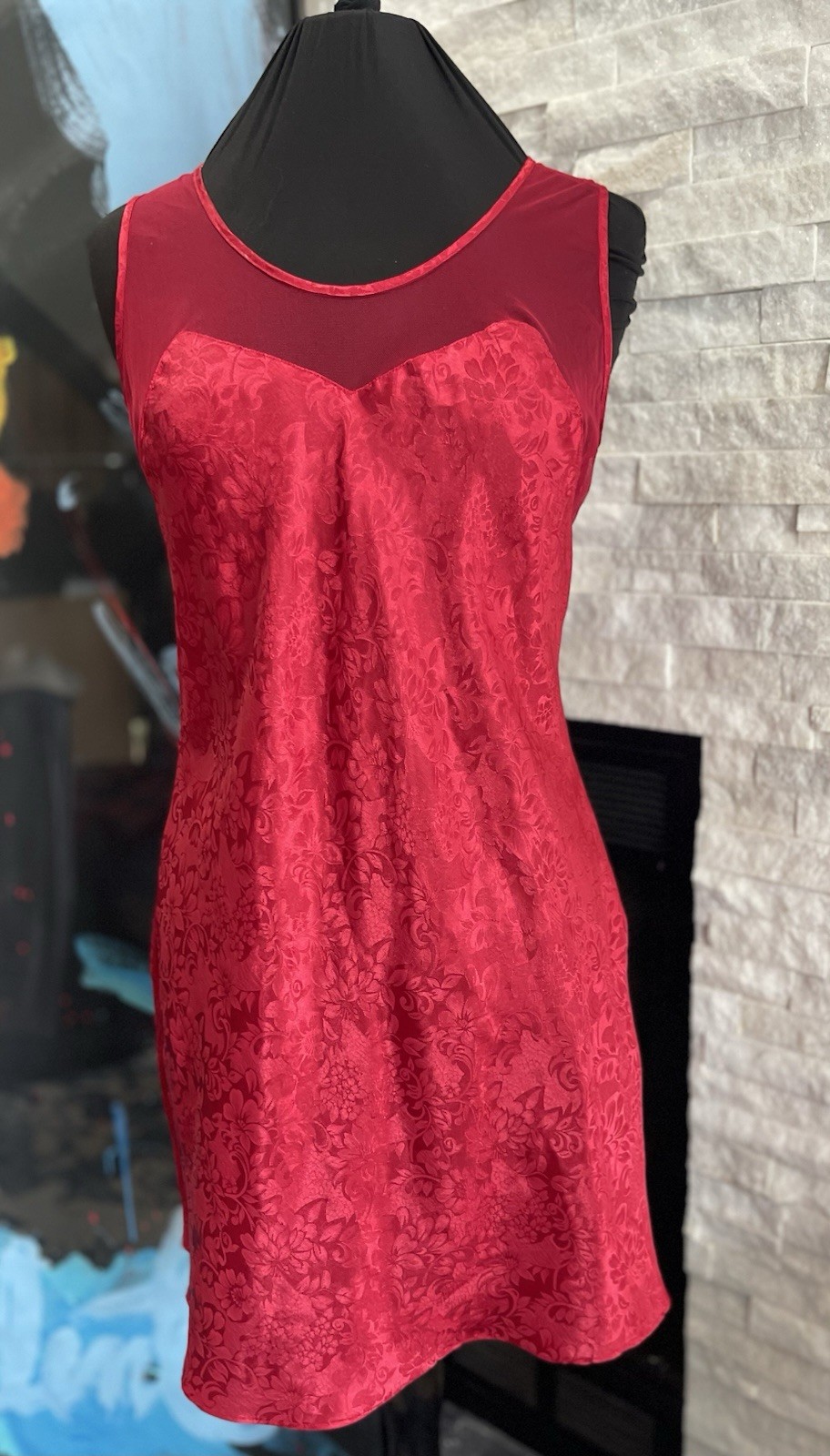VTG Inner Most Red Jacquard Satin Sheer Embroidered Cami Dress Nightie Medium