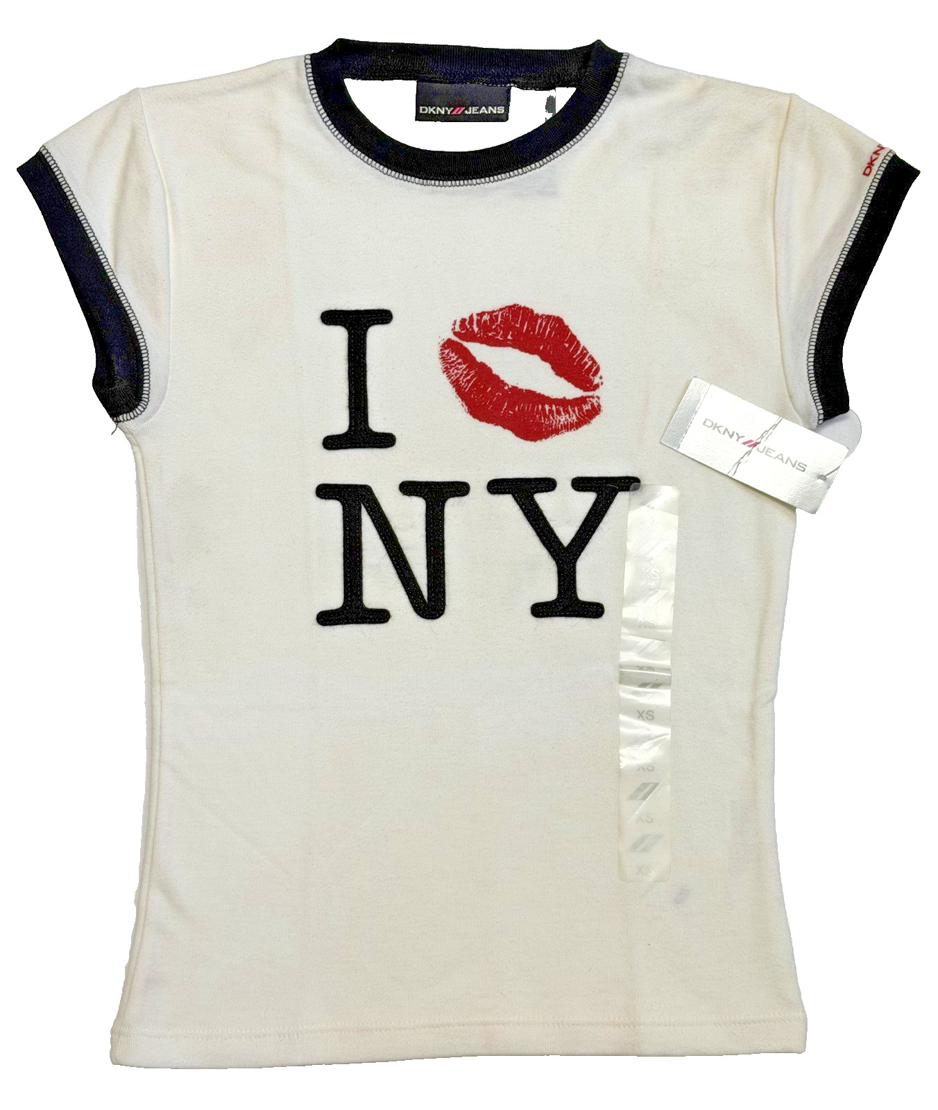 Vtg Y2K DKNY JEANS Graphic Baby Tee XS White Prep School Punk Cap Sleeve Ringer