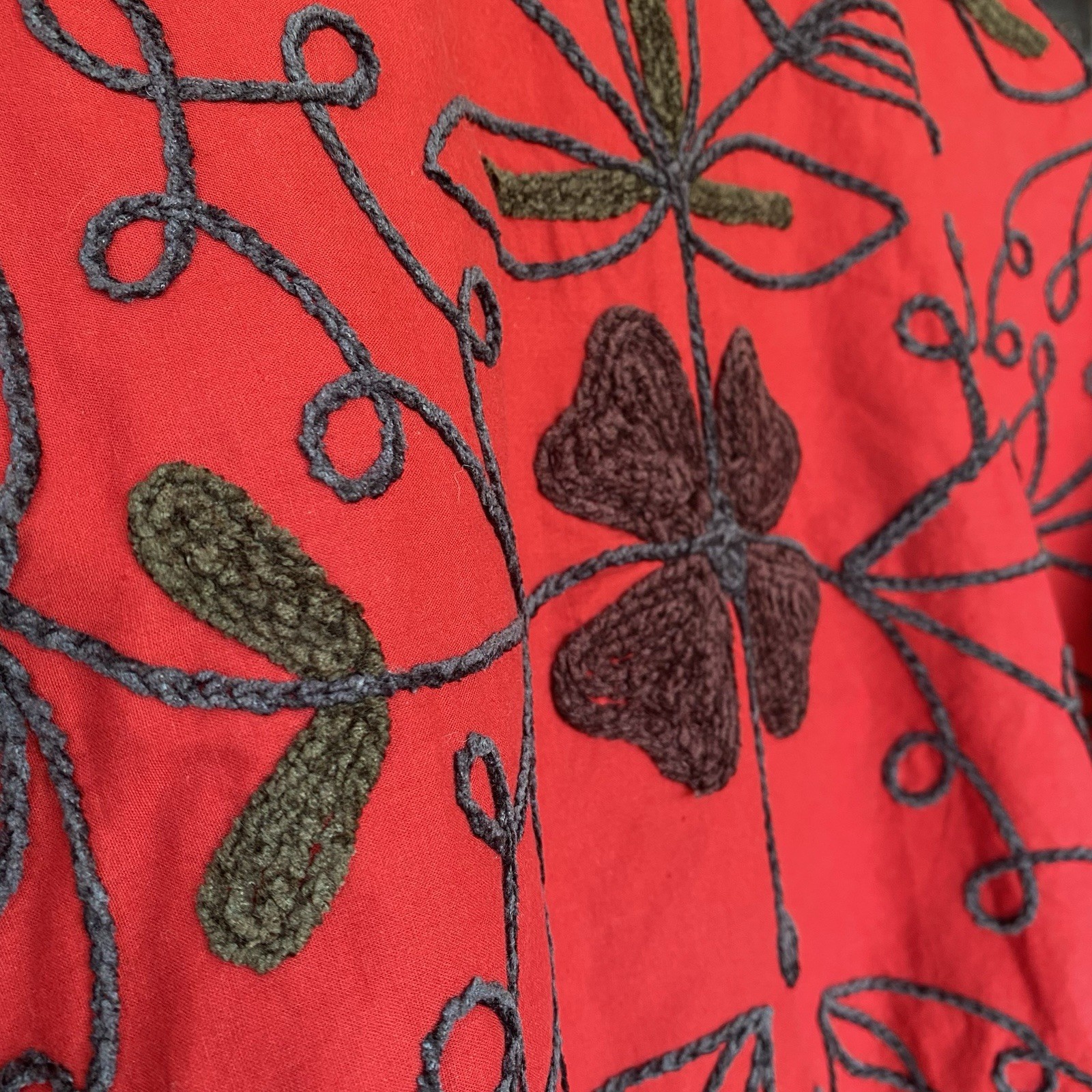 Statement Chenille Embroidered Jacket Womens L Artisan Floral Red Tie Waist