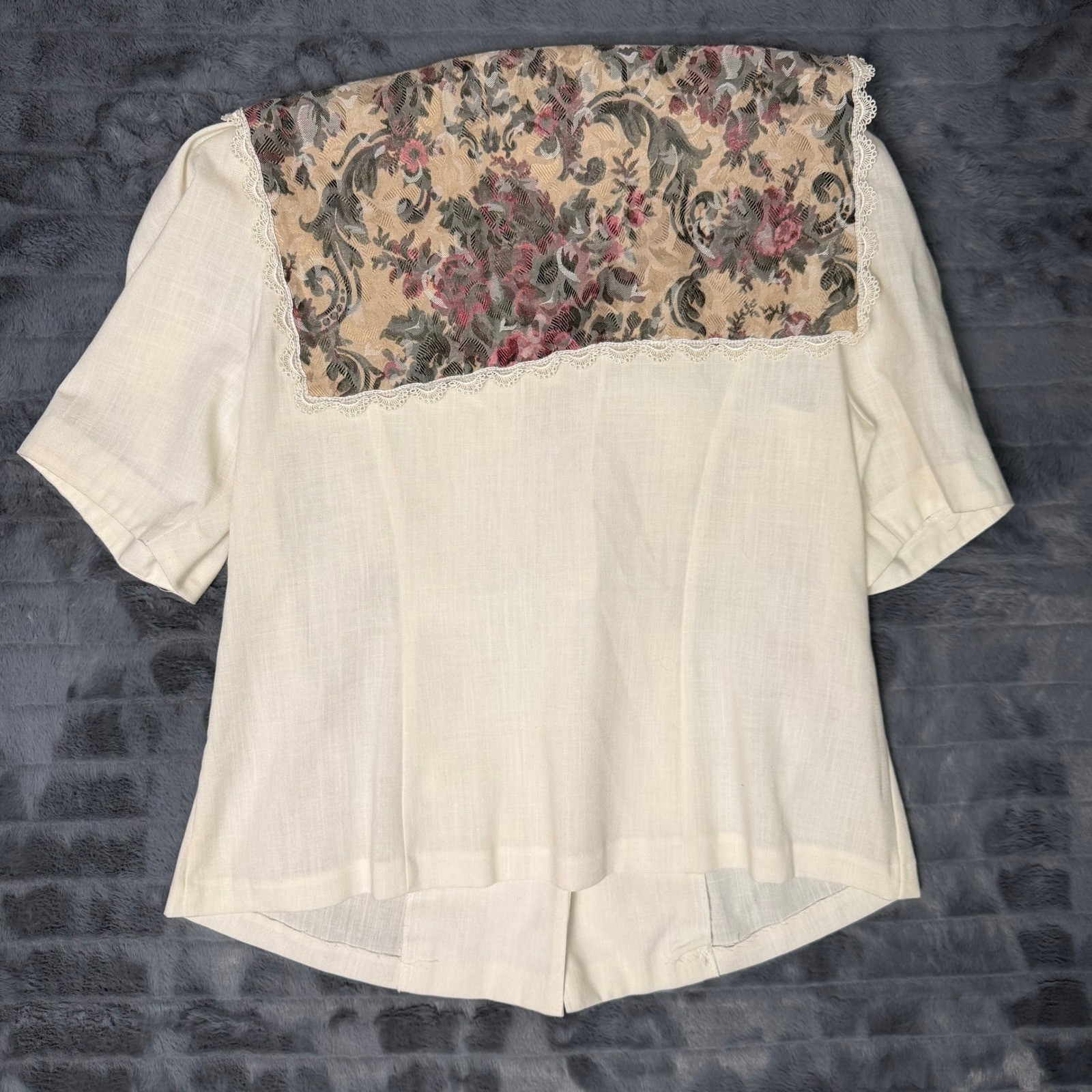Vintage Sally III Floral Tapestry Sailor Collar Blouse Cream Short Sleeve 18