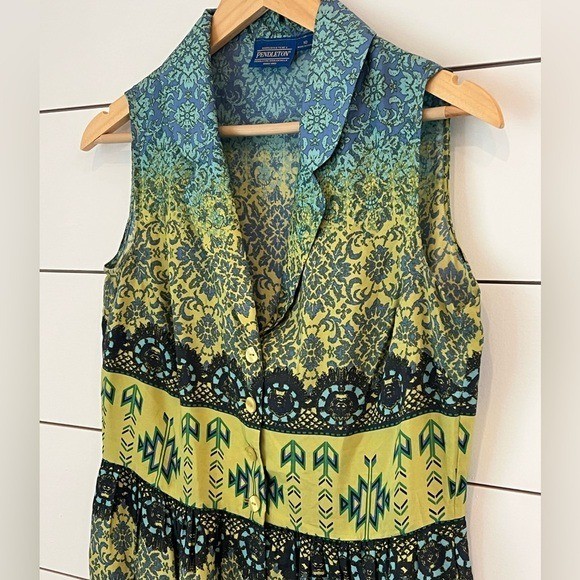 Pendleton 100% silk Sleeveless V-Neck Midi Dress /Boho Western Vibe size 10