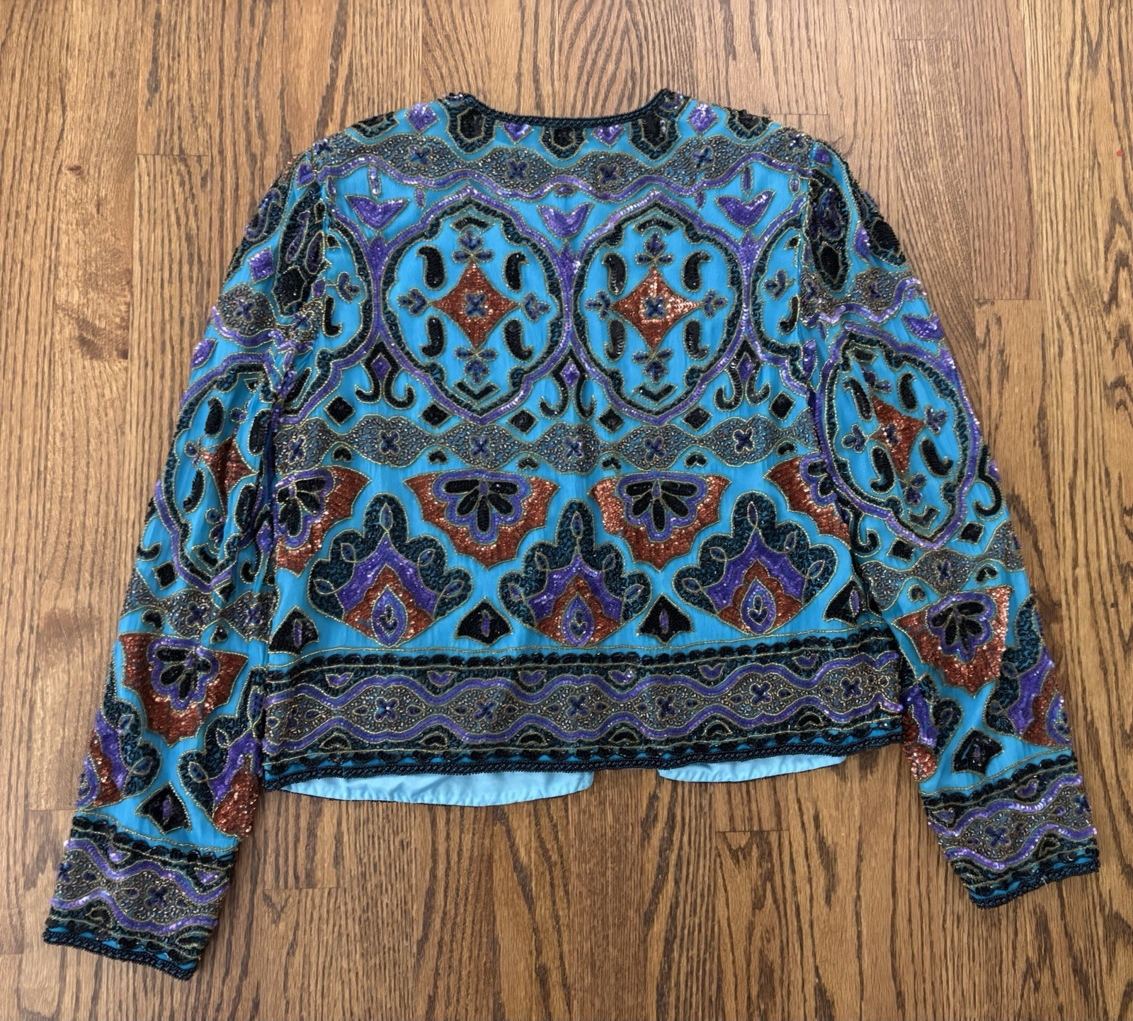Vintage Turquoise Aqua Blue Cropped Beaded Sequin Trophy Jacket M Bolero