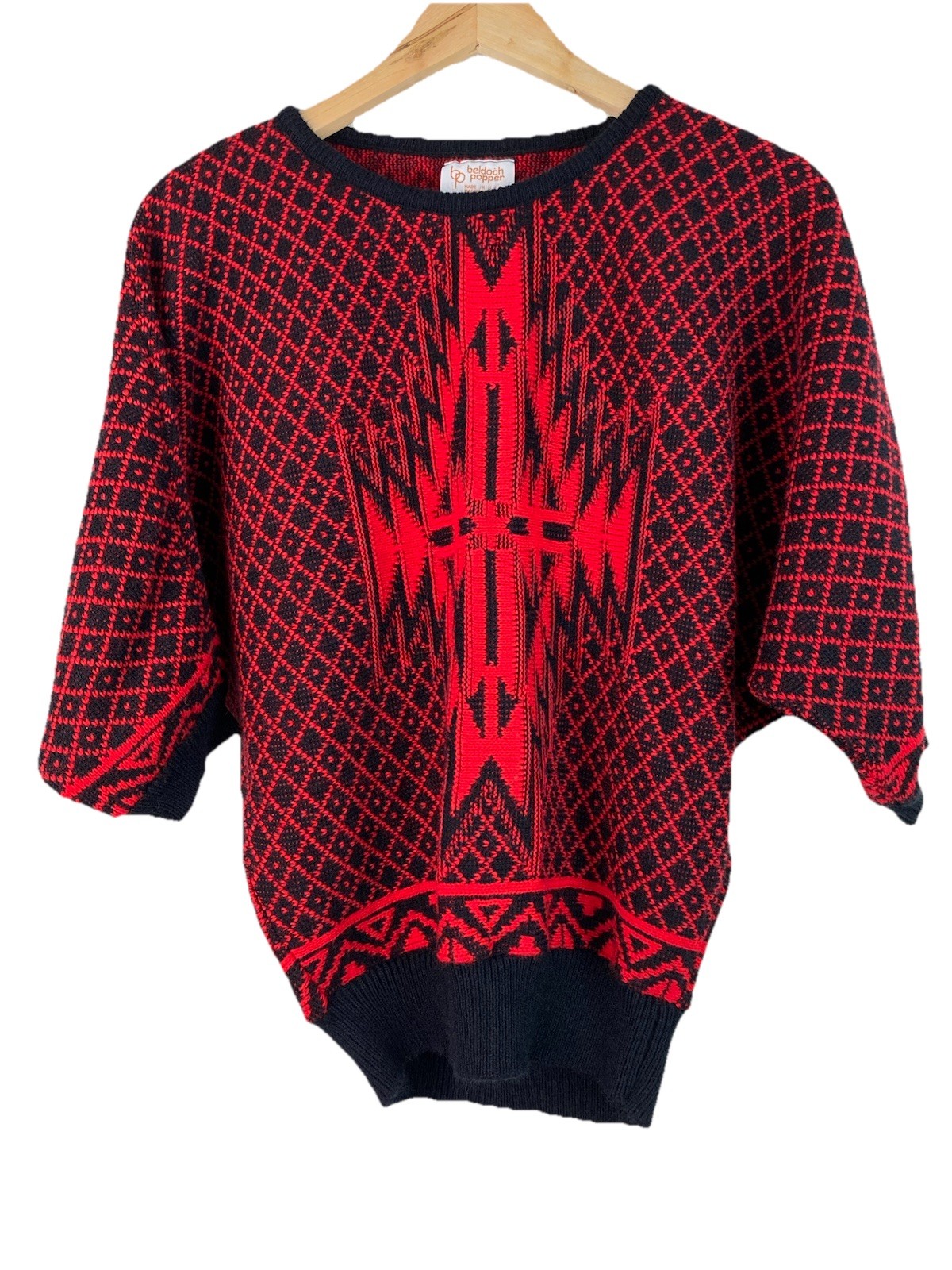 Vintage Beldoch Popper Women&rsquo;s S Black Red Geometric Dolman Sleeve Sweater
