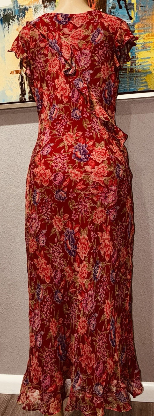 VTG Robbie Bee 100% Silk Red Floral Midi Slip Dress Fairy Chiffon Women’s 14