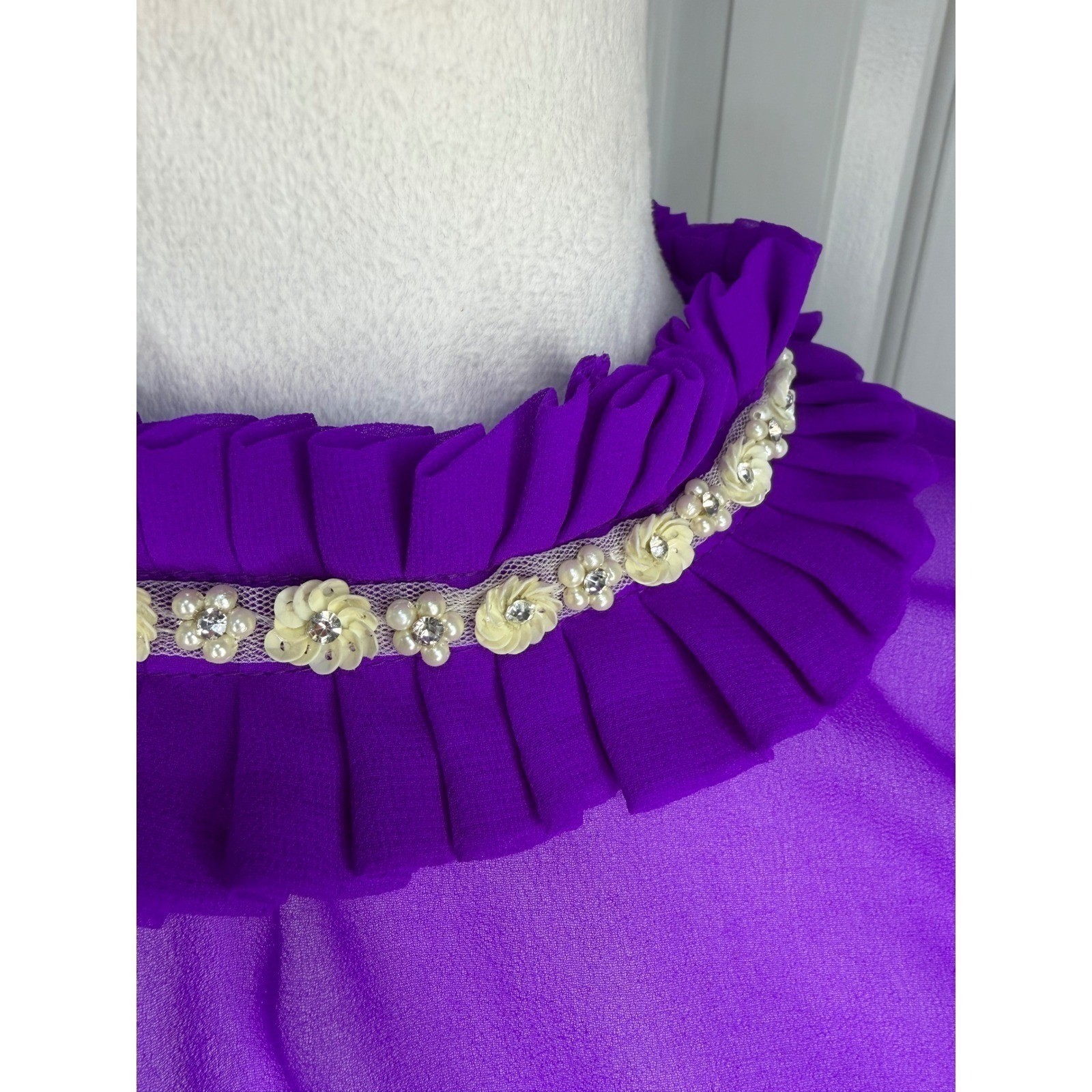 VTG Purple Sheer Chiffon Ruffle Neck Mini Dress Romantic Hollywood Regency S/M