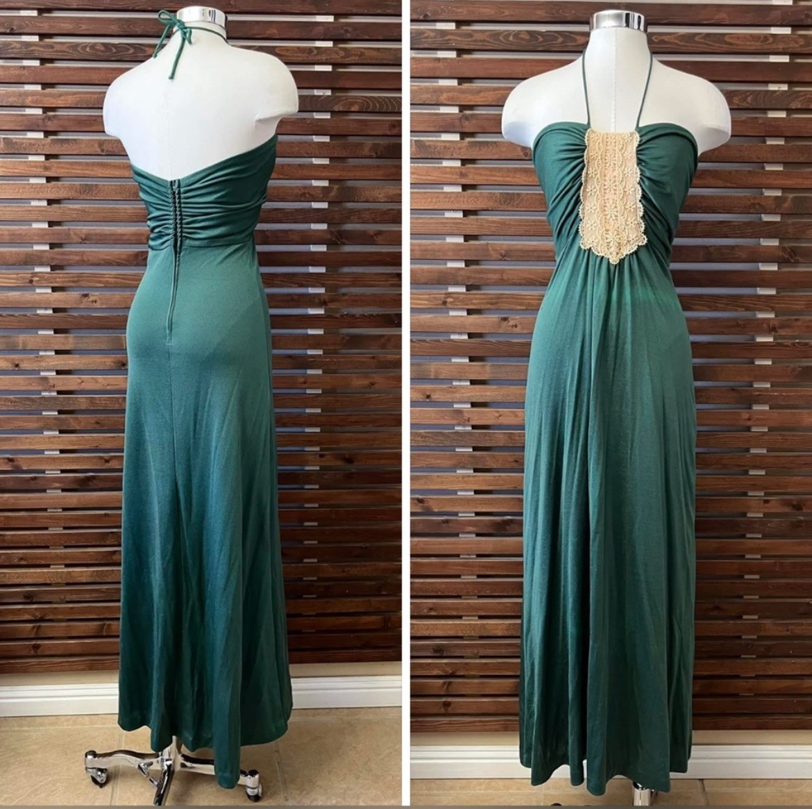 1970s Vintage Green Disco Halter & Lace Spaghetti Strap Empire Waist Maxi Dress