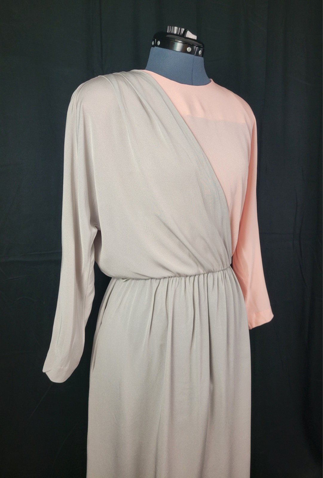 Vintage David Warren Peachy Pink & Grey Blouson Dress w Layered Top Size 10
