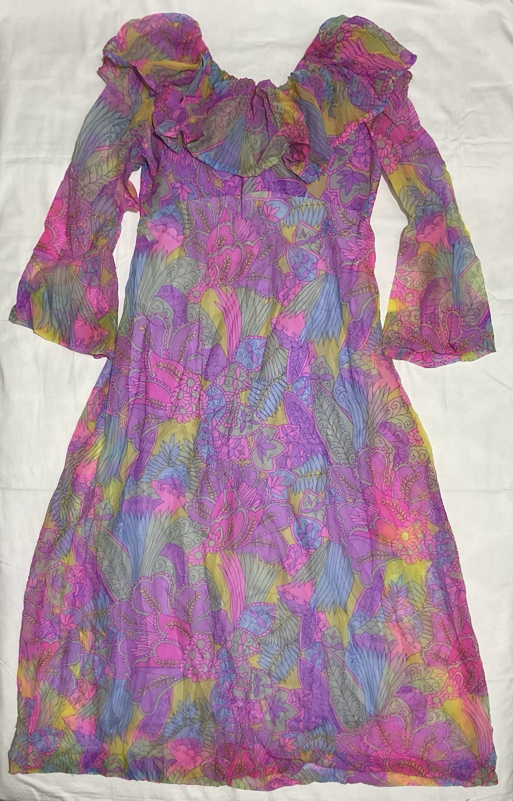Vintage Bright Floral Maxi Dress Boho Psychedelic Handmade Ruffled