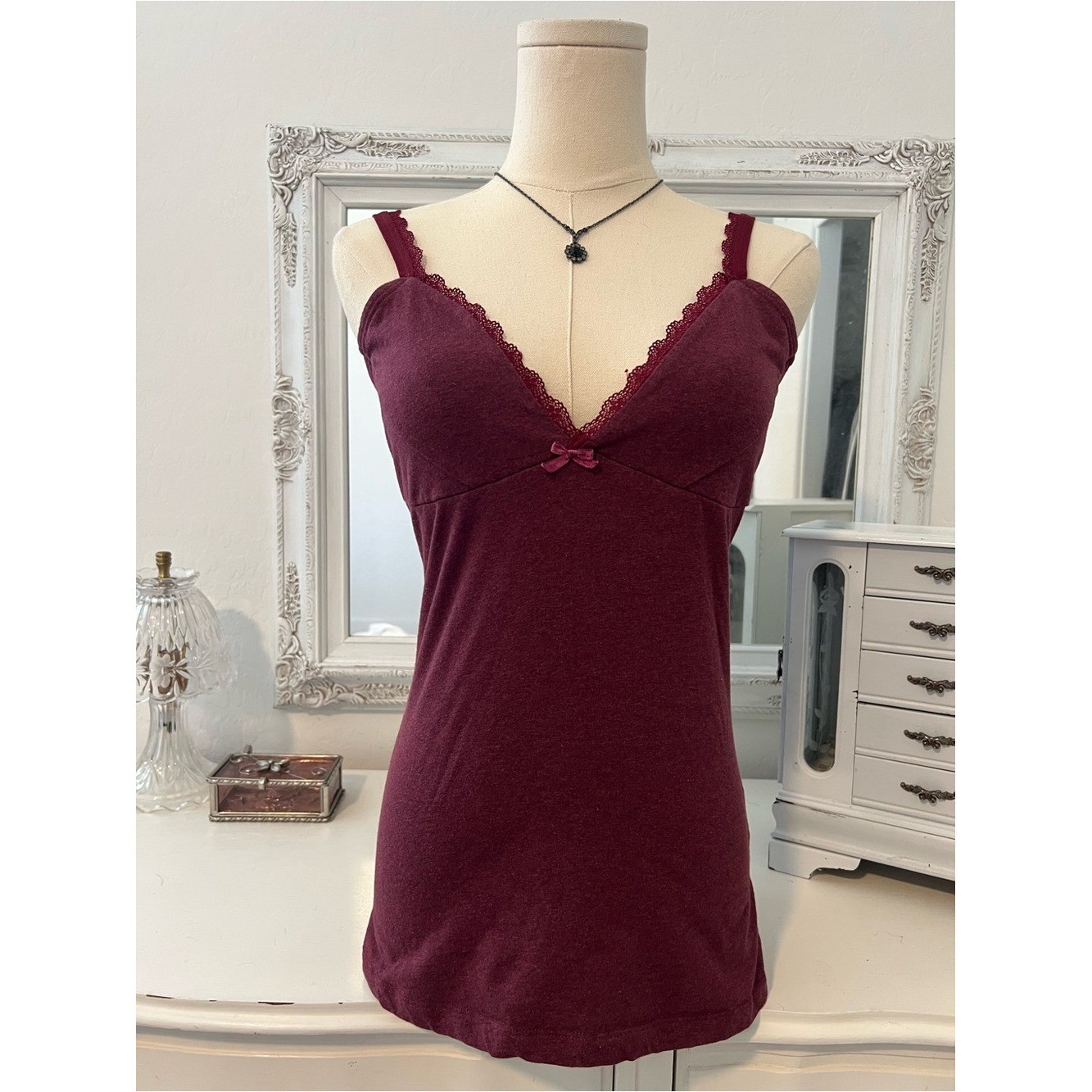 vintage burgundy lace trim babydoll cami tank top with bow detail #coquette