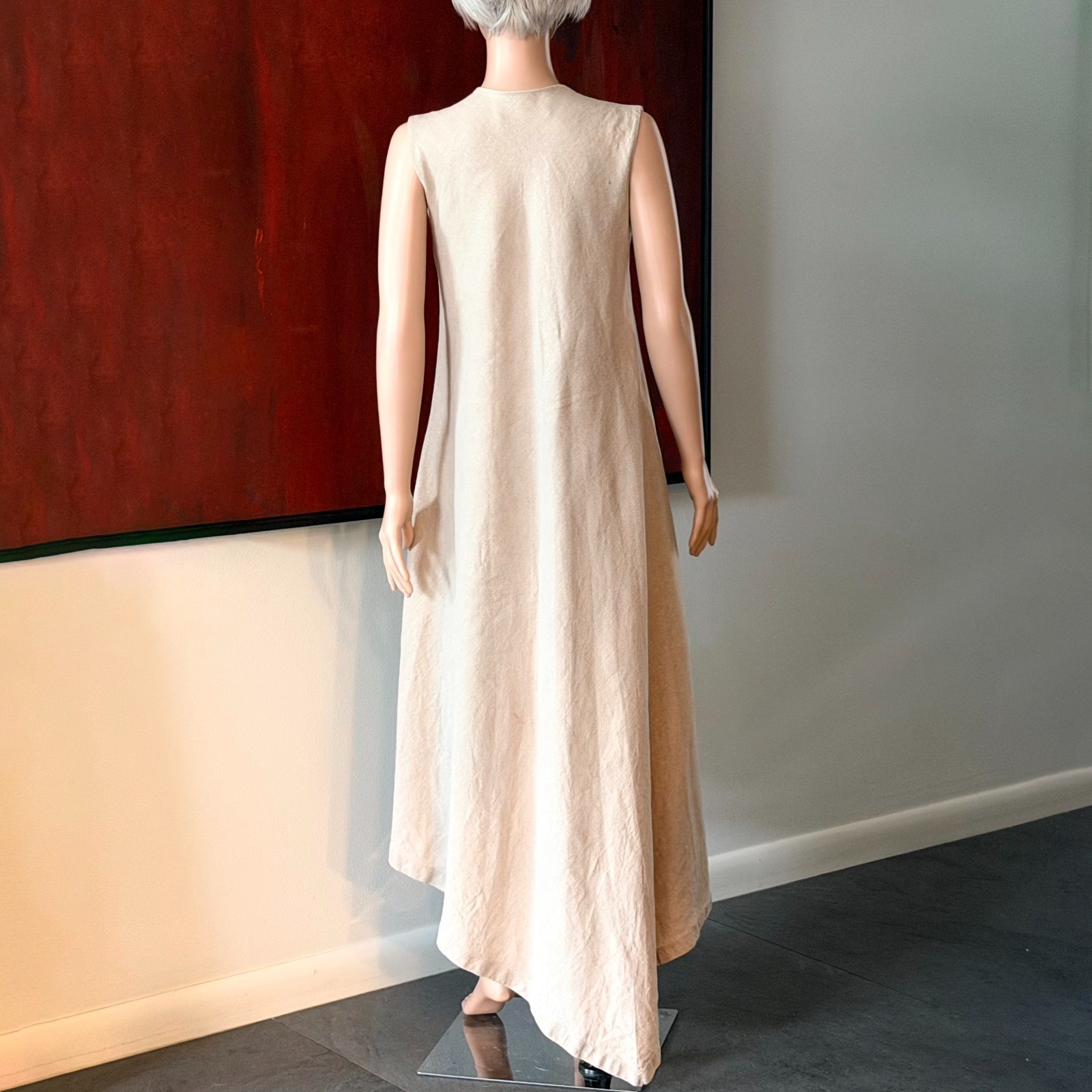 GIANFRANCO FERRE beige asymmetrical flared sleeveless linen dress size 44