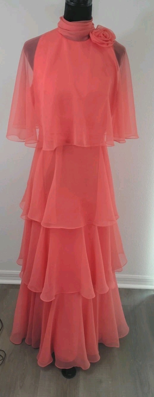VTG 70s Miss Elliette Coral Pink Chiffon Tiered Capelet Evening Dress Gown Sz 12