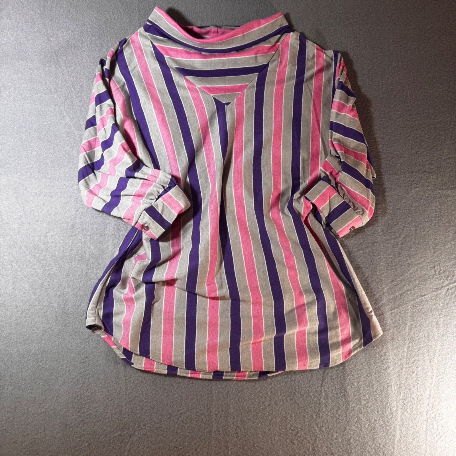 Vintage Ermane Pink Purple Grey Striped Dolman Sleeve Blouse Made in USA L