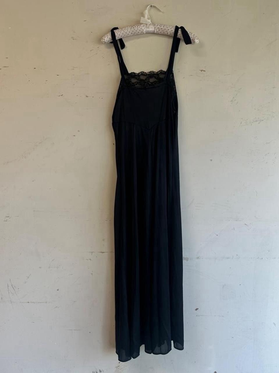 Vintage 70s black lace slip dress tie shoulders nightgown lingerie