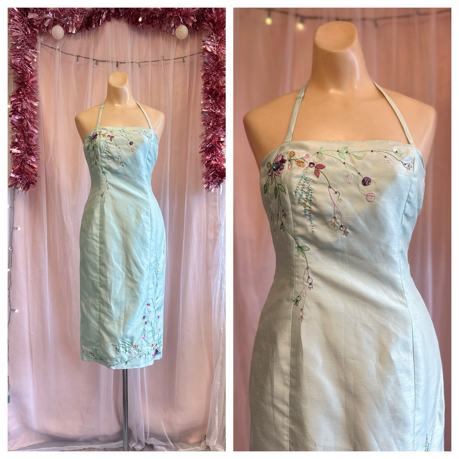 Vintage Y2K 2000s Halter Beaded Mini Dress Blue Open Back Strapless XS