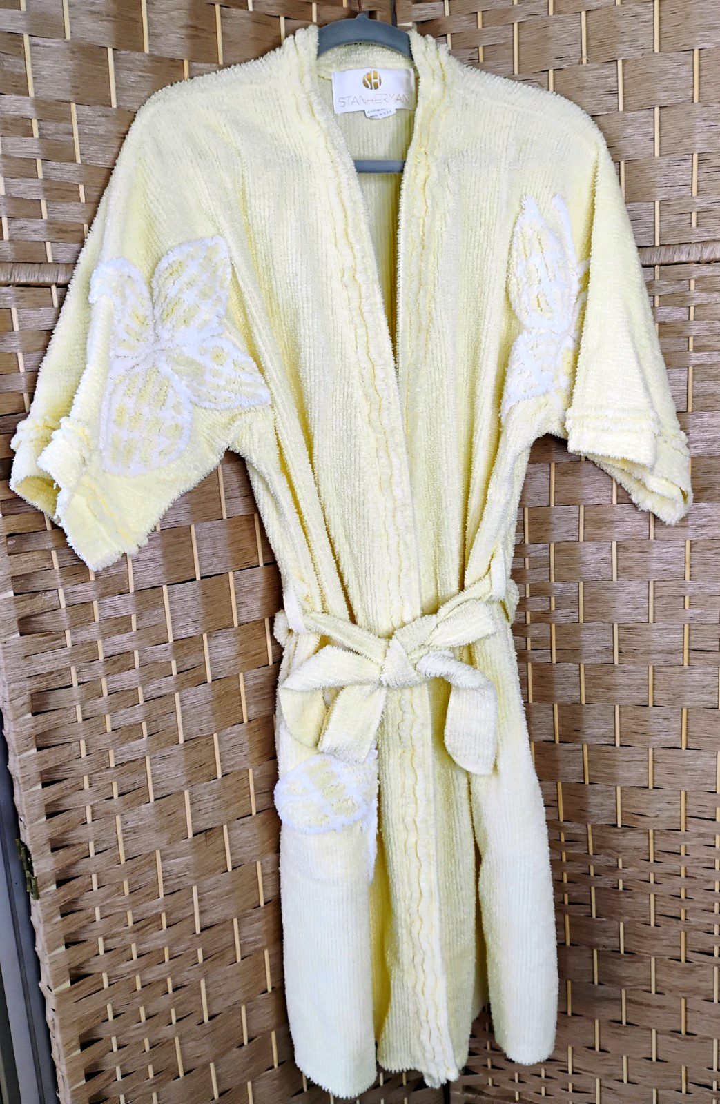 Vintage 70s Stan Herman Yellow Chenille Terry Robe Butterfly Decal Wrap Belt M
