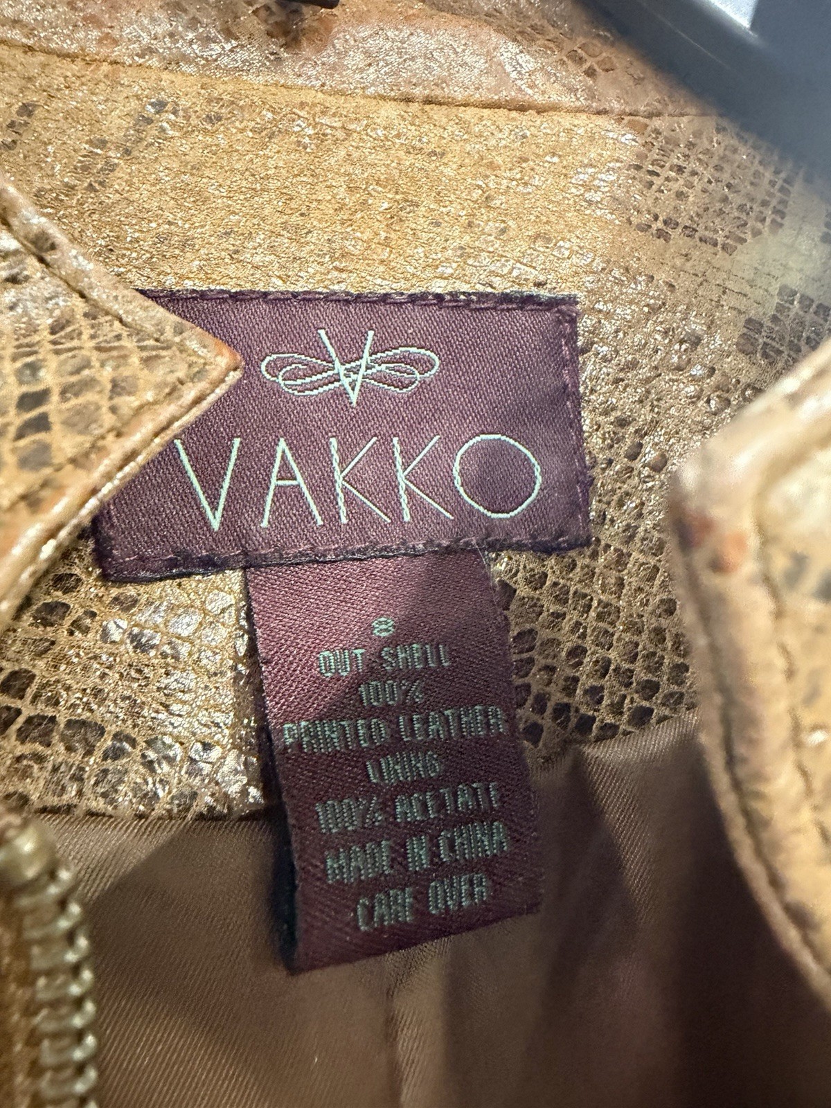 Vakko Printed Leather Jacket Bronze Snake Embossed Moto Y2K Size 8