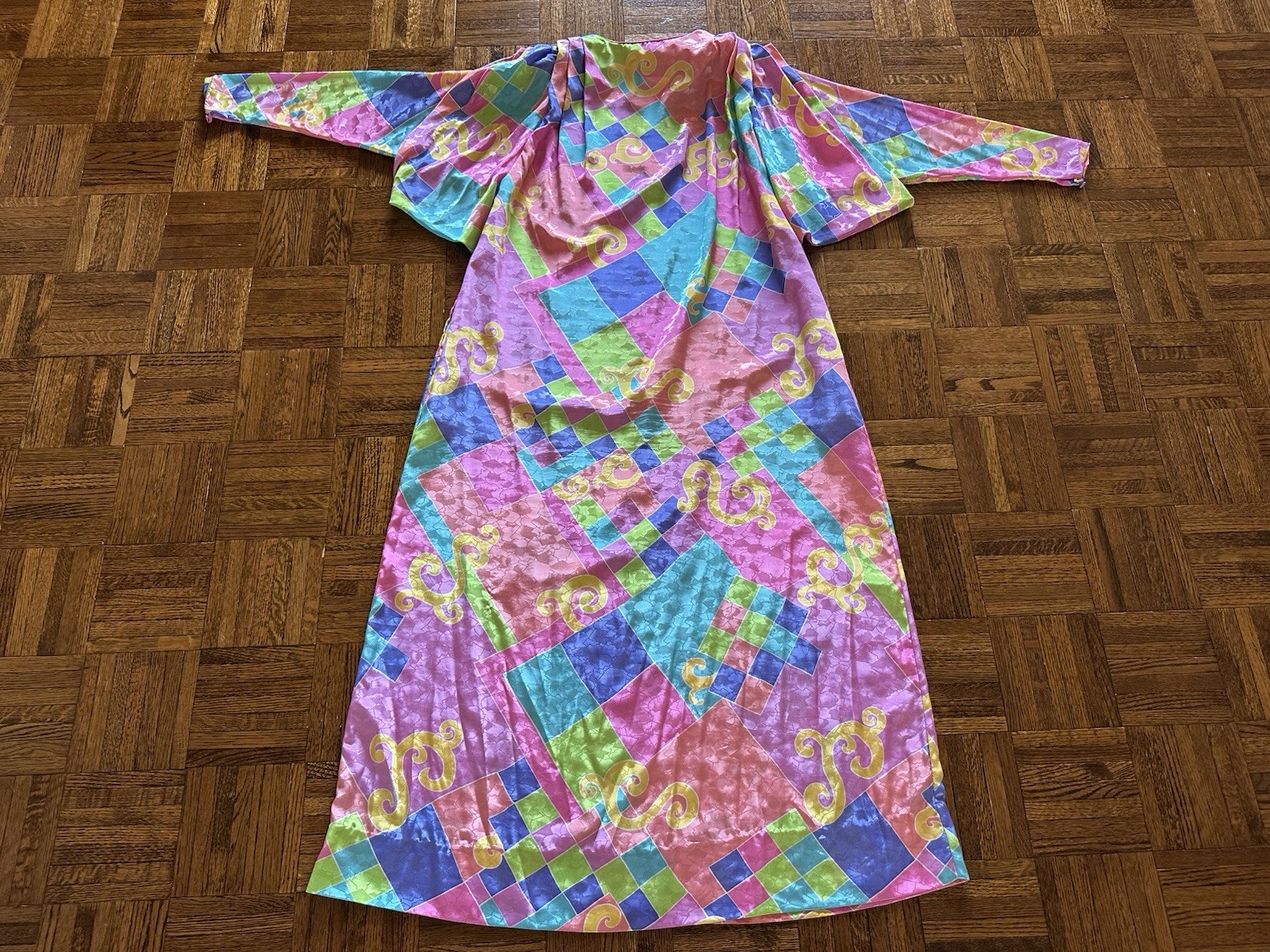 1980s David Brown Brocade Hostess Dress Maxi Resort Geometric Neon Deco Mumu VTG