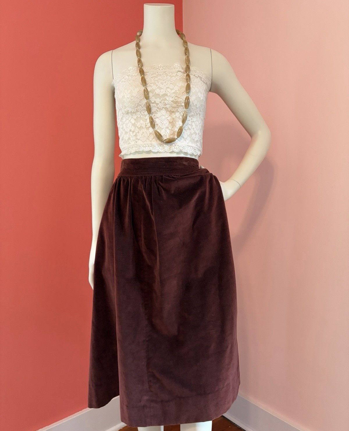 70s Vintage Lord & Taylor Brown Velvet Velveteen Romantic Midi Skirt Pockets M