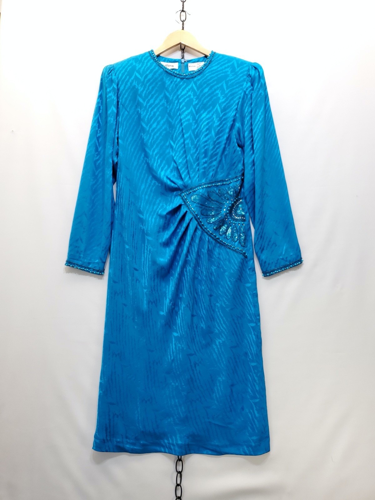 Vintage 80s D&rsquo;ore Turquoise Silk Dress Sz 14 Tiger Stripe Rhinestone Sequins
