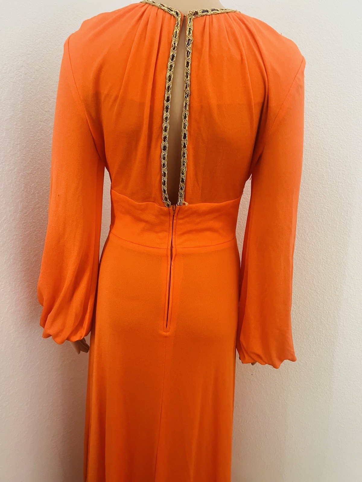 VTG 70s Funky Mod Orange Belted Maxi Dress Sexy Plunging Keyhole Front/Back Med