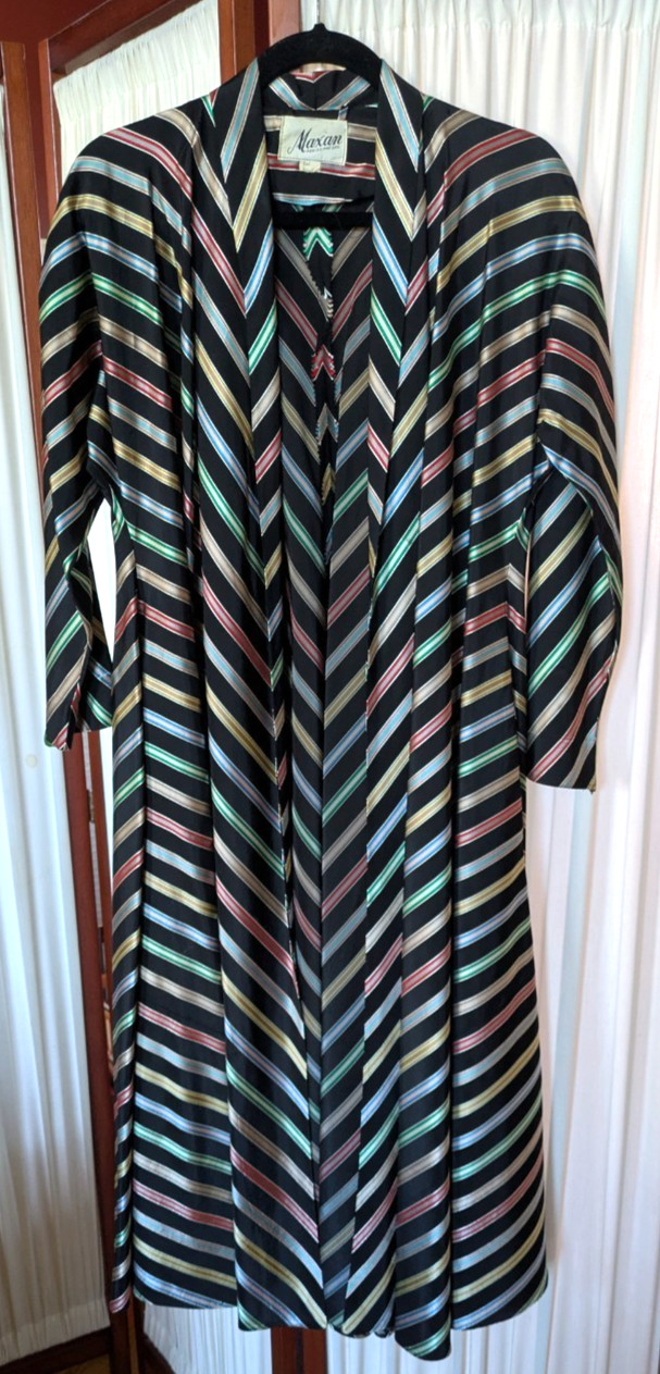 Vtg 1940s MAXAN Ribbon Stripe Multi-Colored Taffeta Hostess Dress Wrap Belt ~ S