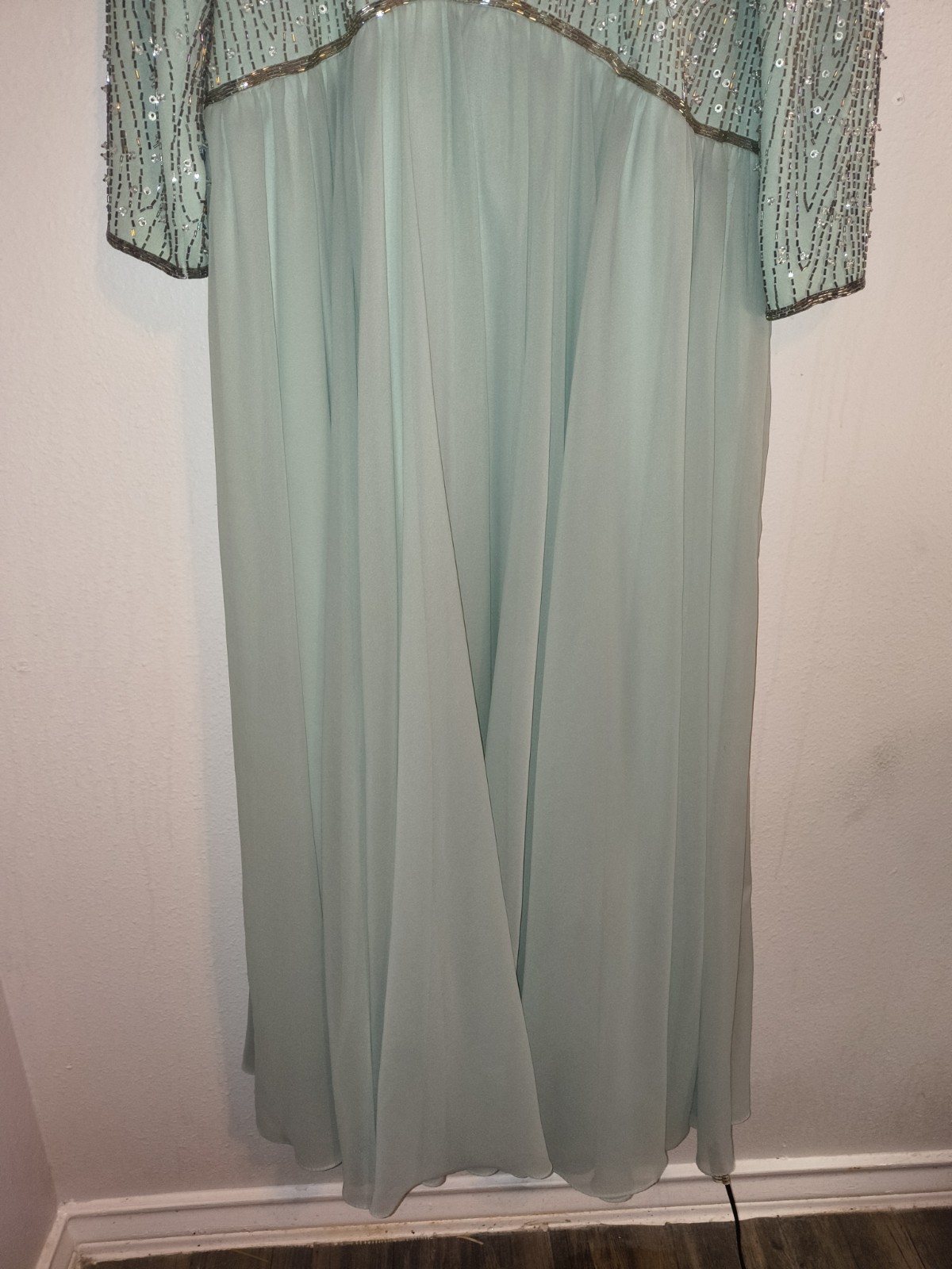 Vintage Jack Bryan Mint Green Beaded Sequin Chiffon Maxi Gown Size L/XL 14 16