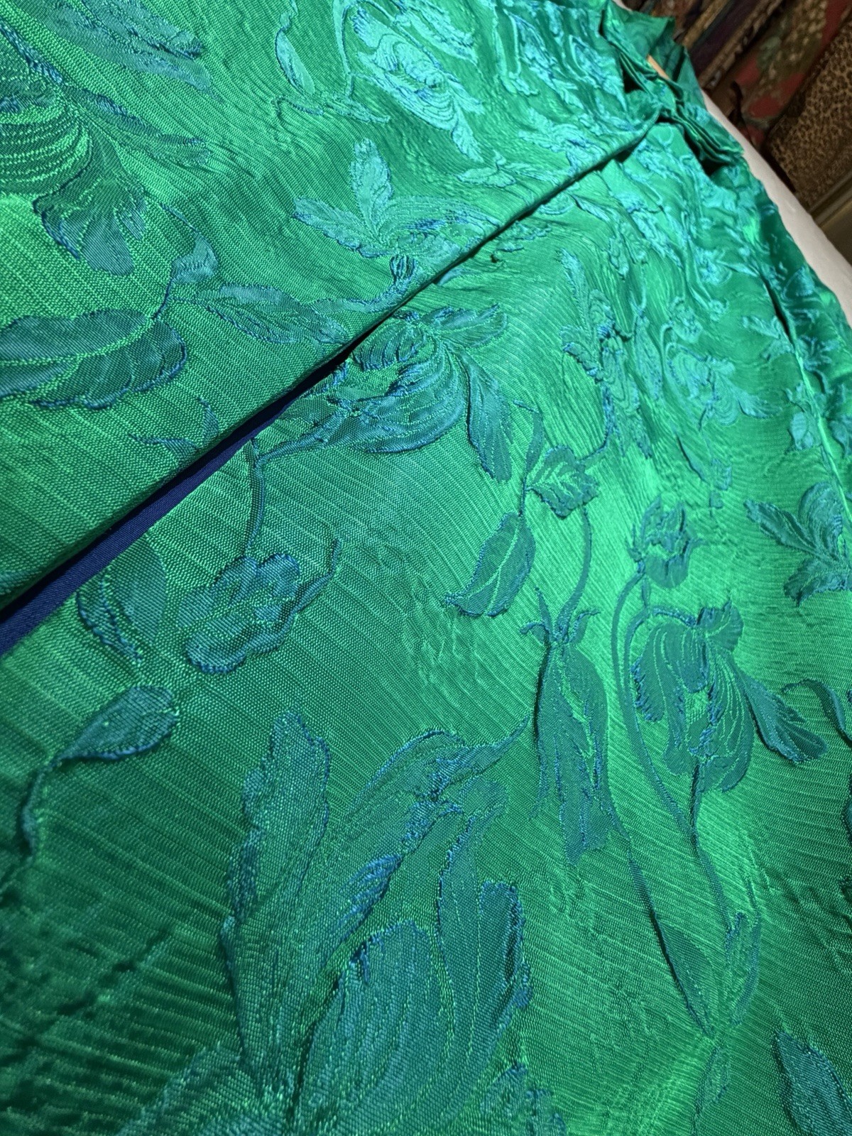 Vintage Custom Tailored Teal Green Blue Jacquard Floral Long Opera Cape-One Size