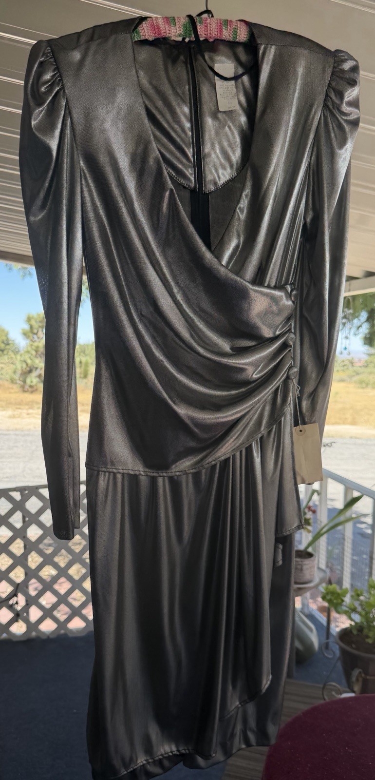 VTG 80s Montgomery Ward Metallic Silver Liquid Dress Puff Shoulder 5/6 NOS