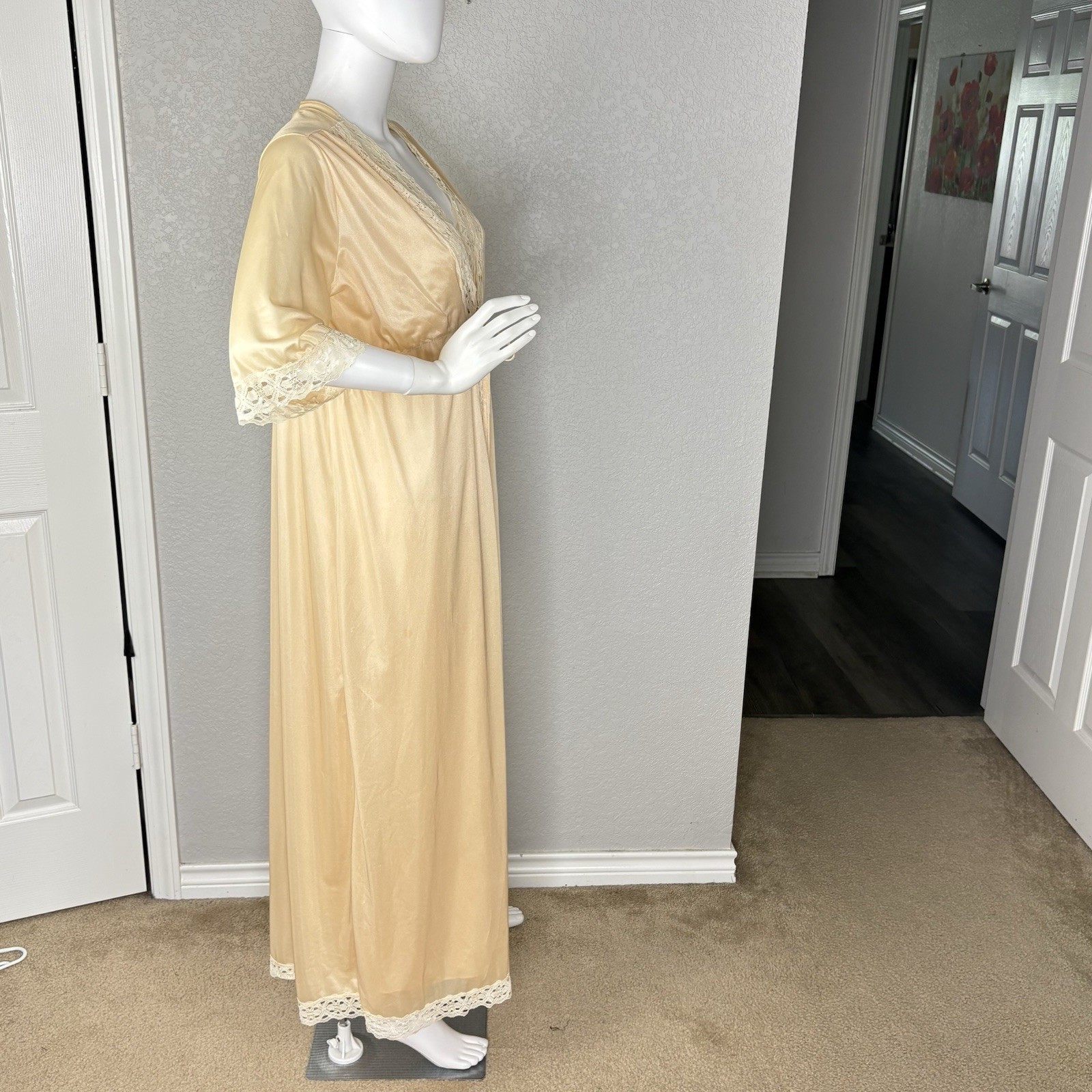 Durelle Peignoir Set Dressing Gown Robe Lace Peach Ivory Nylon 70s Vtg Size S