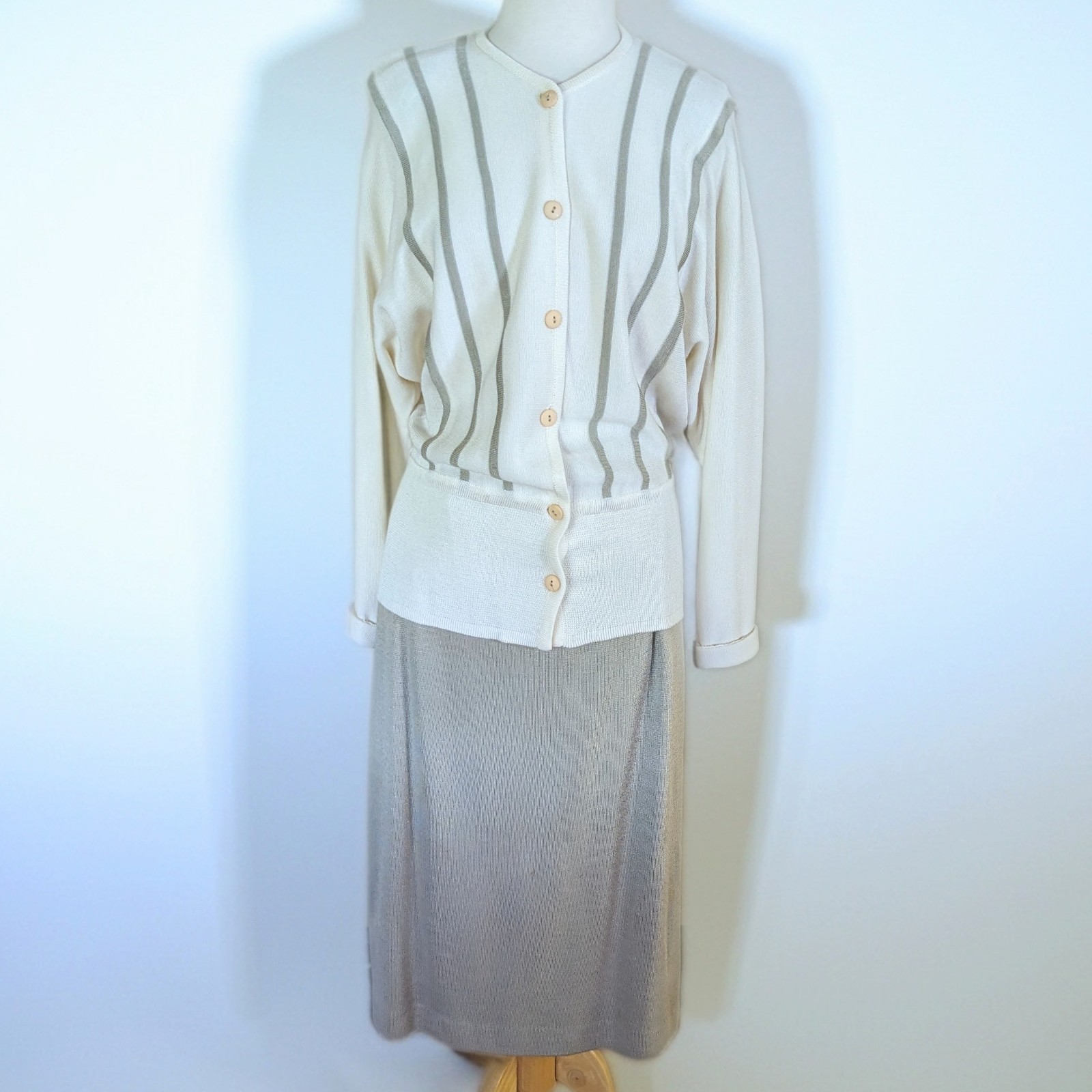 Vintage 80s Medici Sport Knit Skirt Set Made in Italy Cream Cardigan Midi Skirt