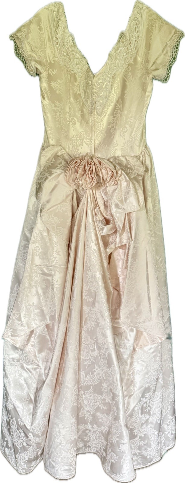 Basque Waist Gown WEDDING Princess Formal Satin Brocade Blush Bustle Roses M+