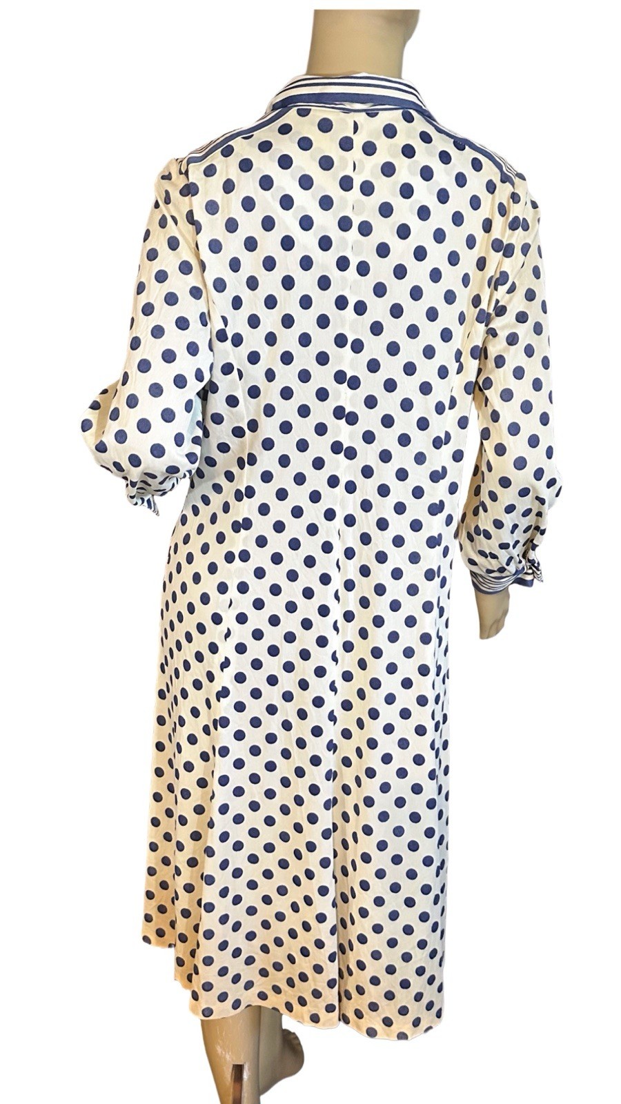 VINTAGE 1980&rsquo;S ARNEL BLUE & WHITE STRIPED & POLK A DOT PRINT SHIRT DRESS SIZE L