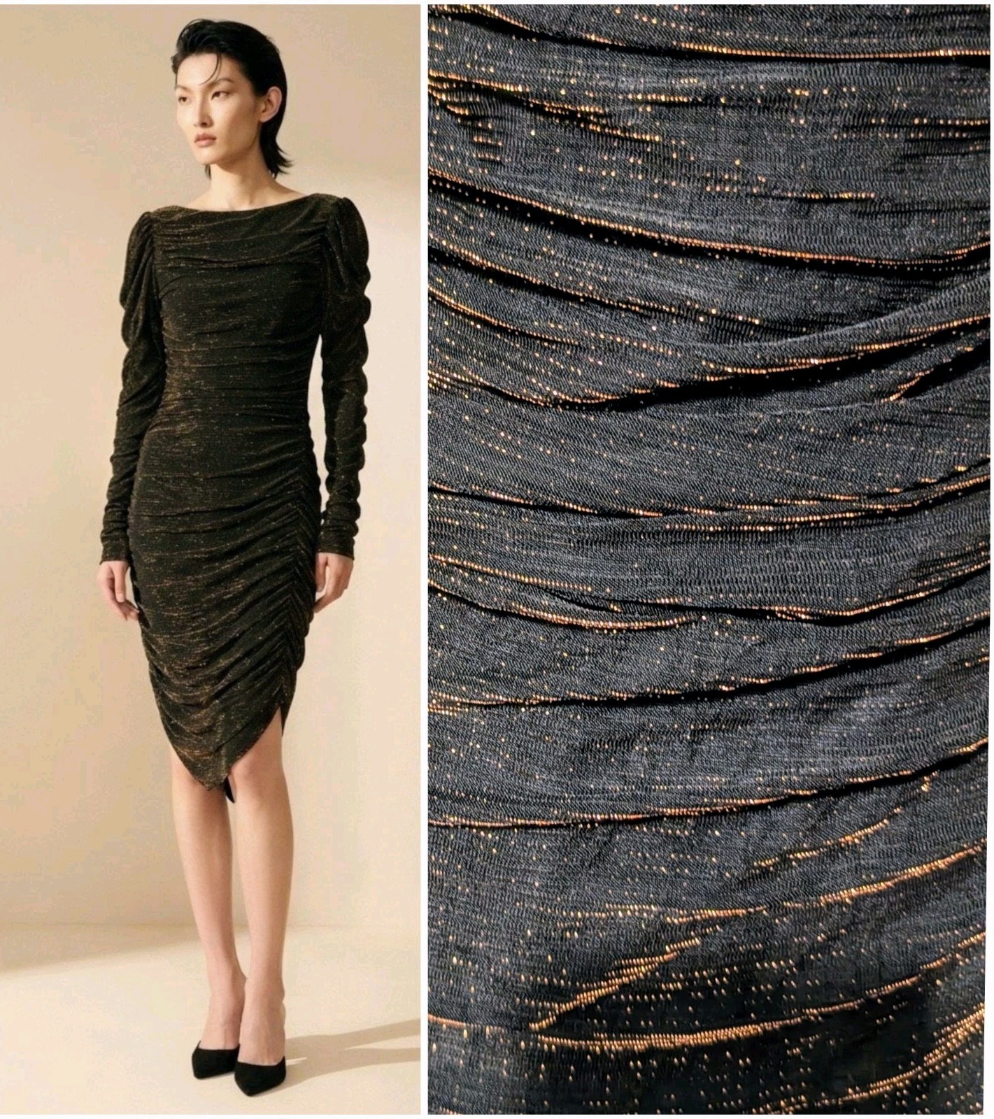 Scarlett 80&rsquo;s Party Cocktail Dress Metallic Copper Black Mesh Ruched Bodycon