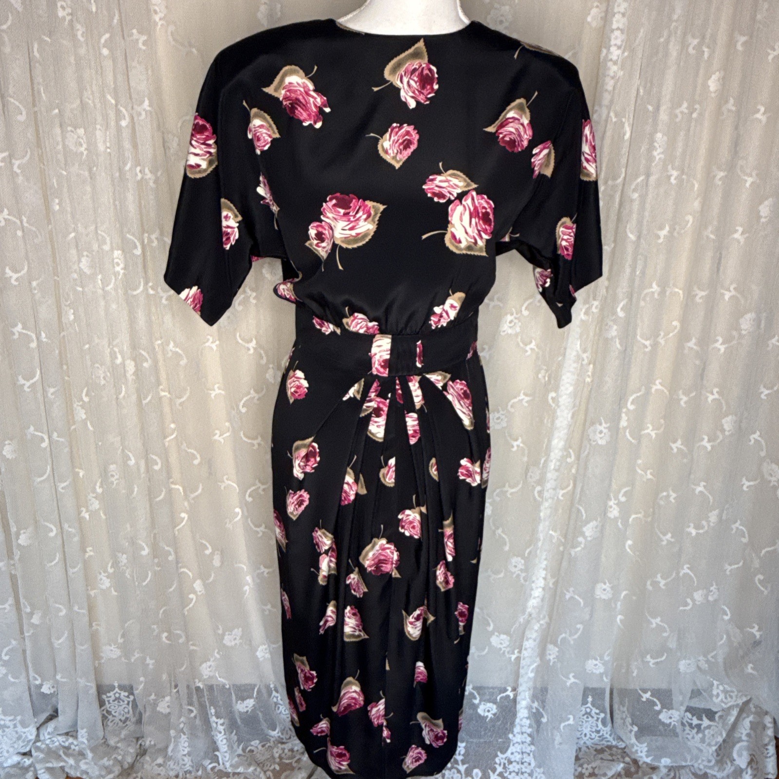 VTG Bobbie Bee 1980s Floral Print Unlined Pleated Dolman Sleeve Dress Size