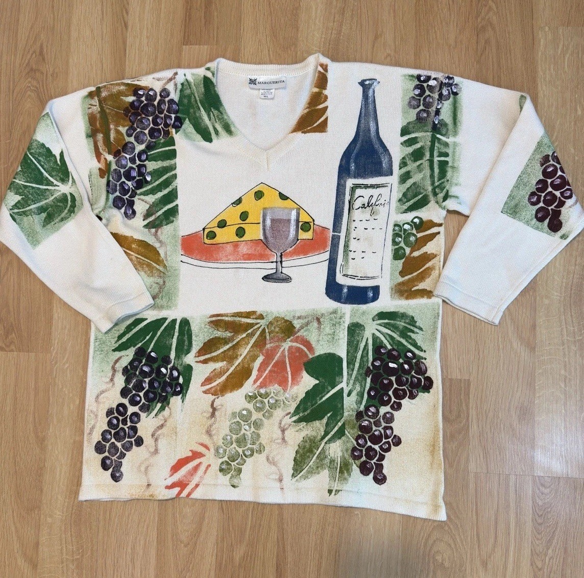 Vtg Marguerita Hand Painted Sweater Cheese Wine Grapes Art To Wear USA M/L